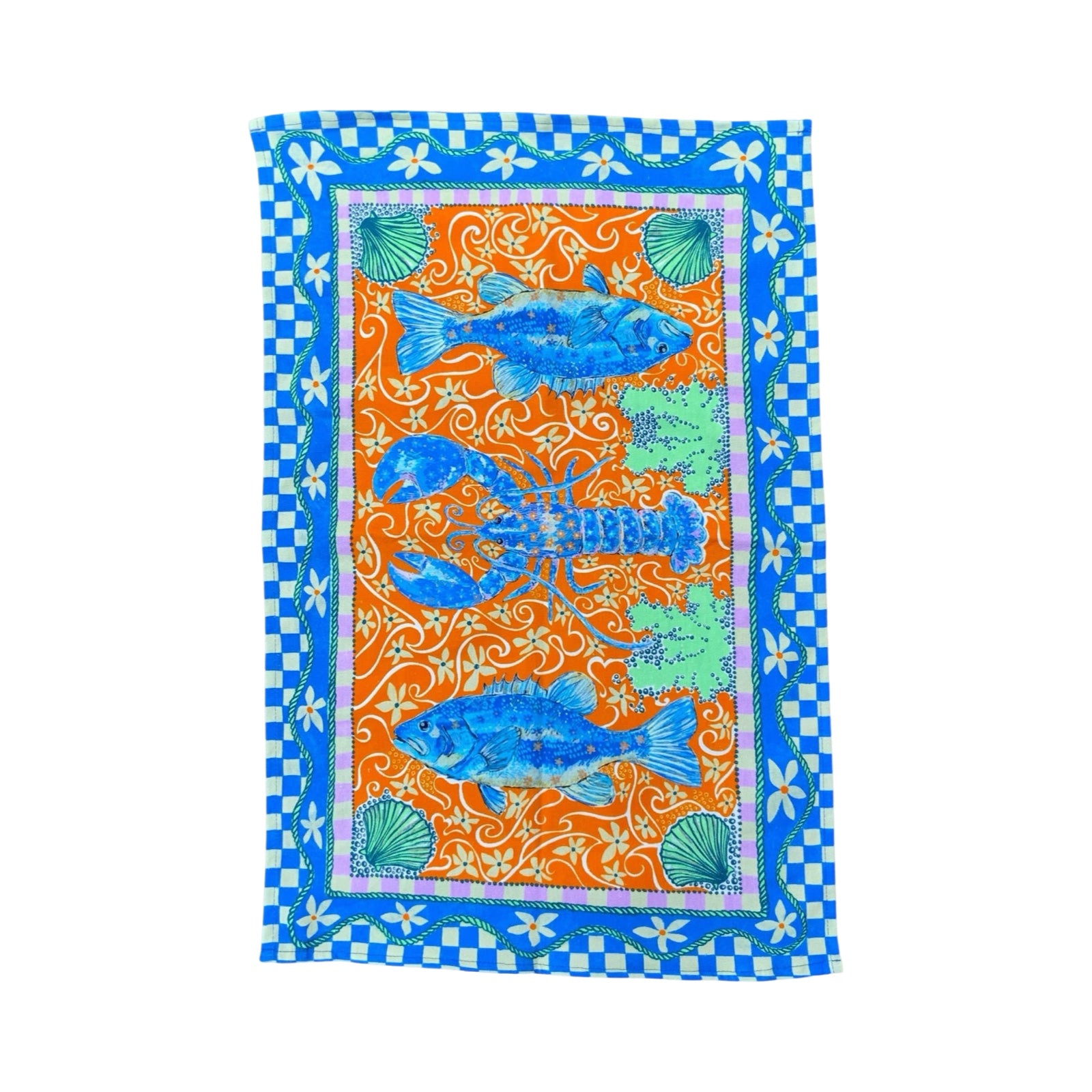 Statement tea towel featuring blue lobsters and fish, with an orange floral background and blue and white checkered boarder.