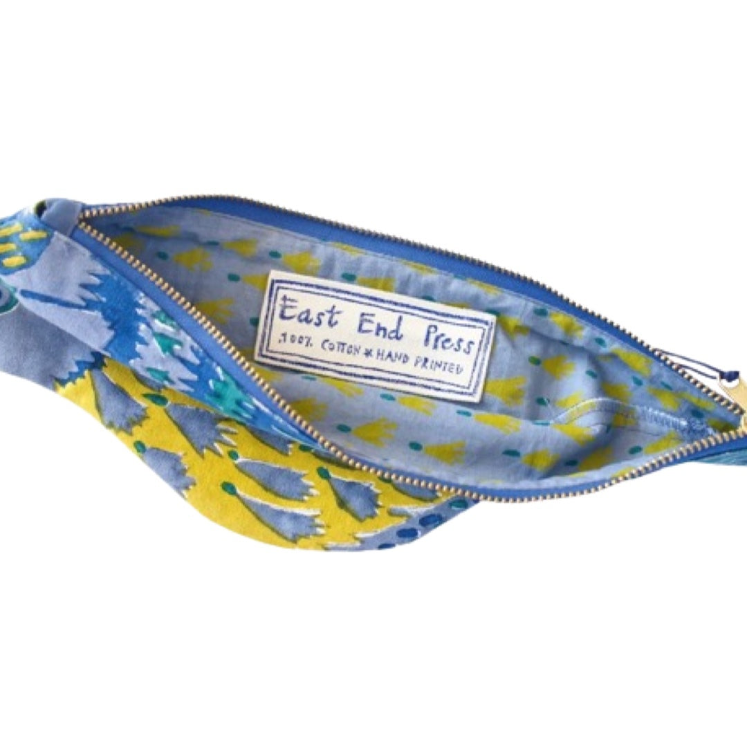 Open blue tit shaped fabric zipper pouch in blue and yellow.