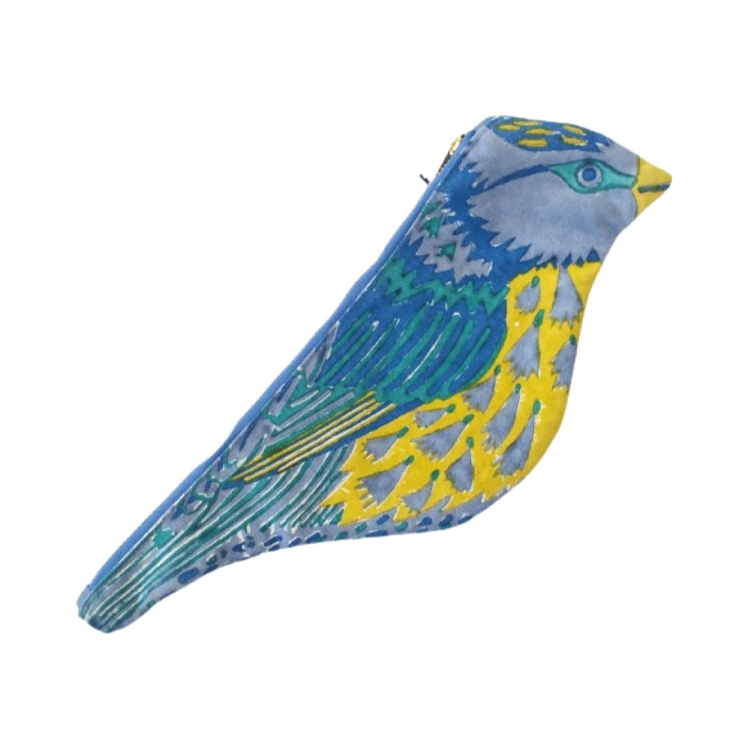 Blue tit shaped fabric zipper pouch in blue and yellow