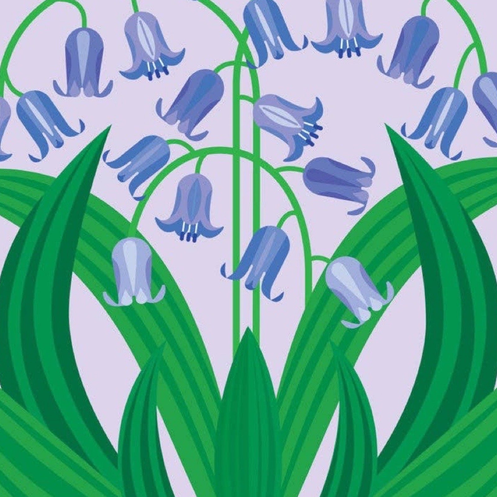 Pattern of bluebell flowers with green leaves on a light purple background.