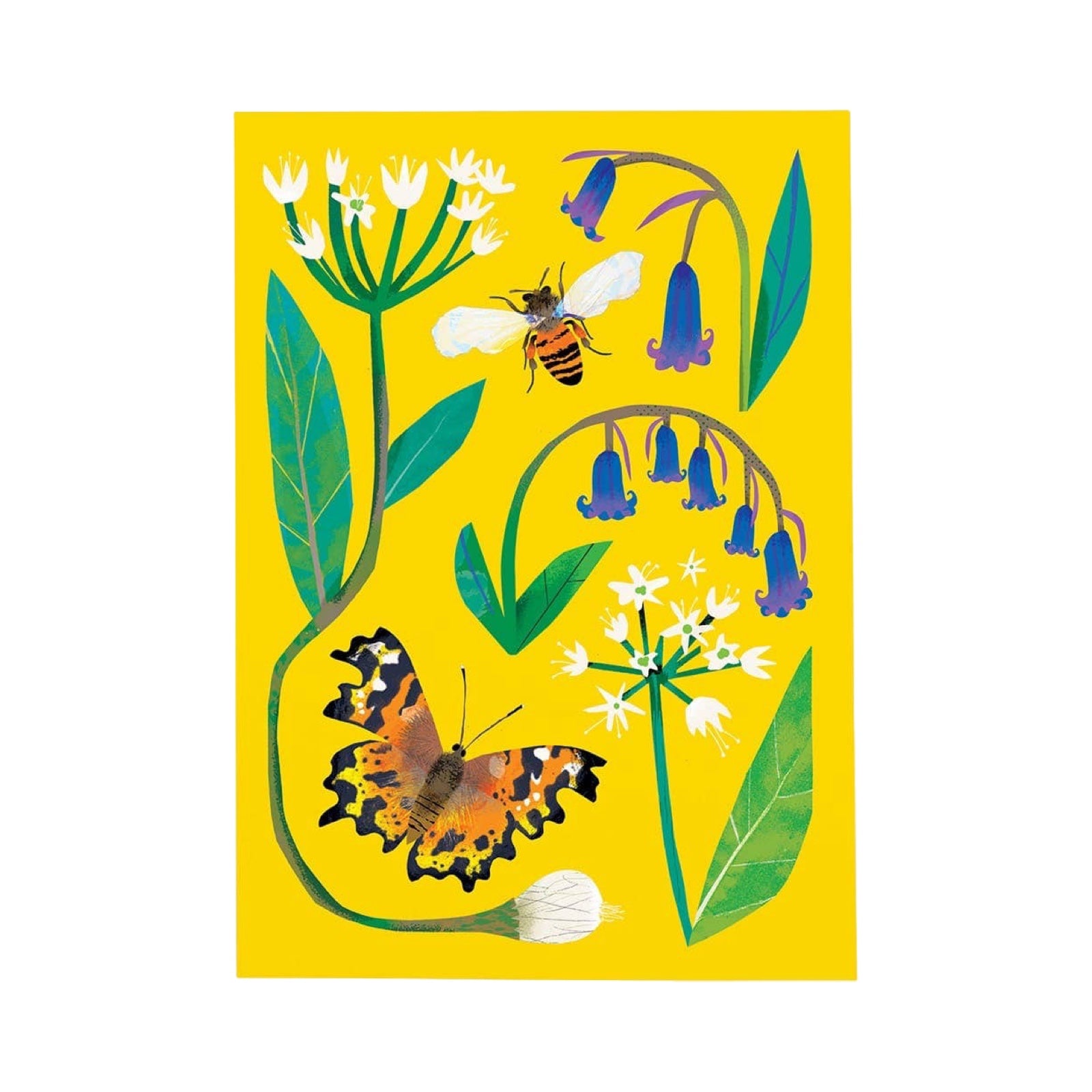Illustration of a butterfly and bee on flowers with a yellow background.