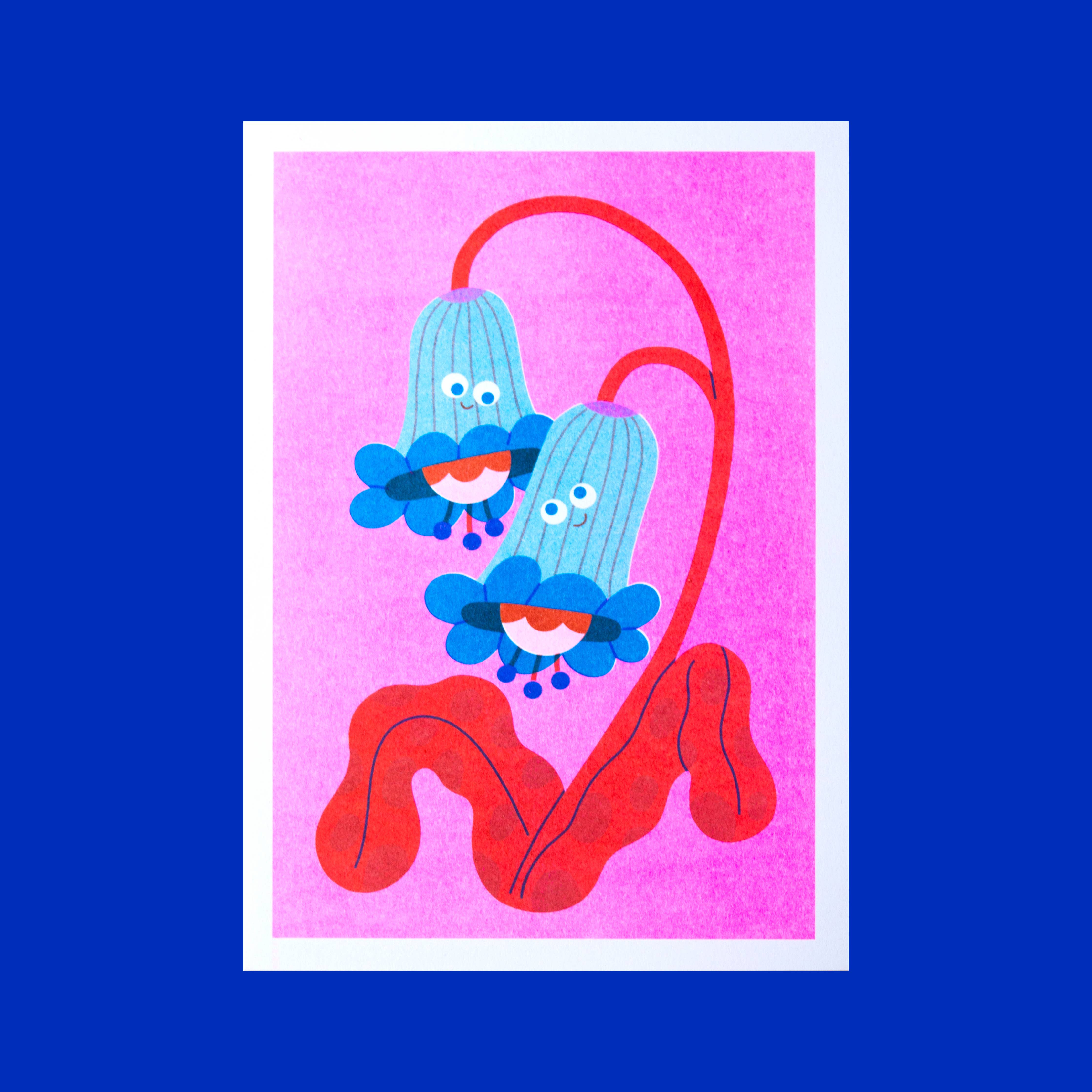 Cartoonish bluebells with red stems on a pink background, on a blue background.