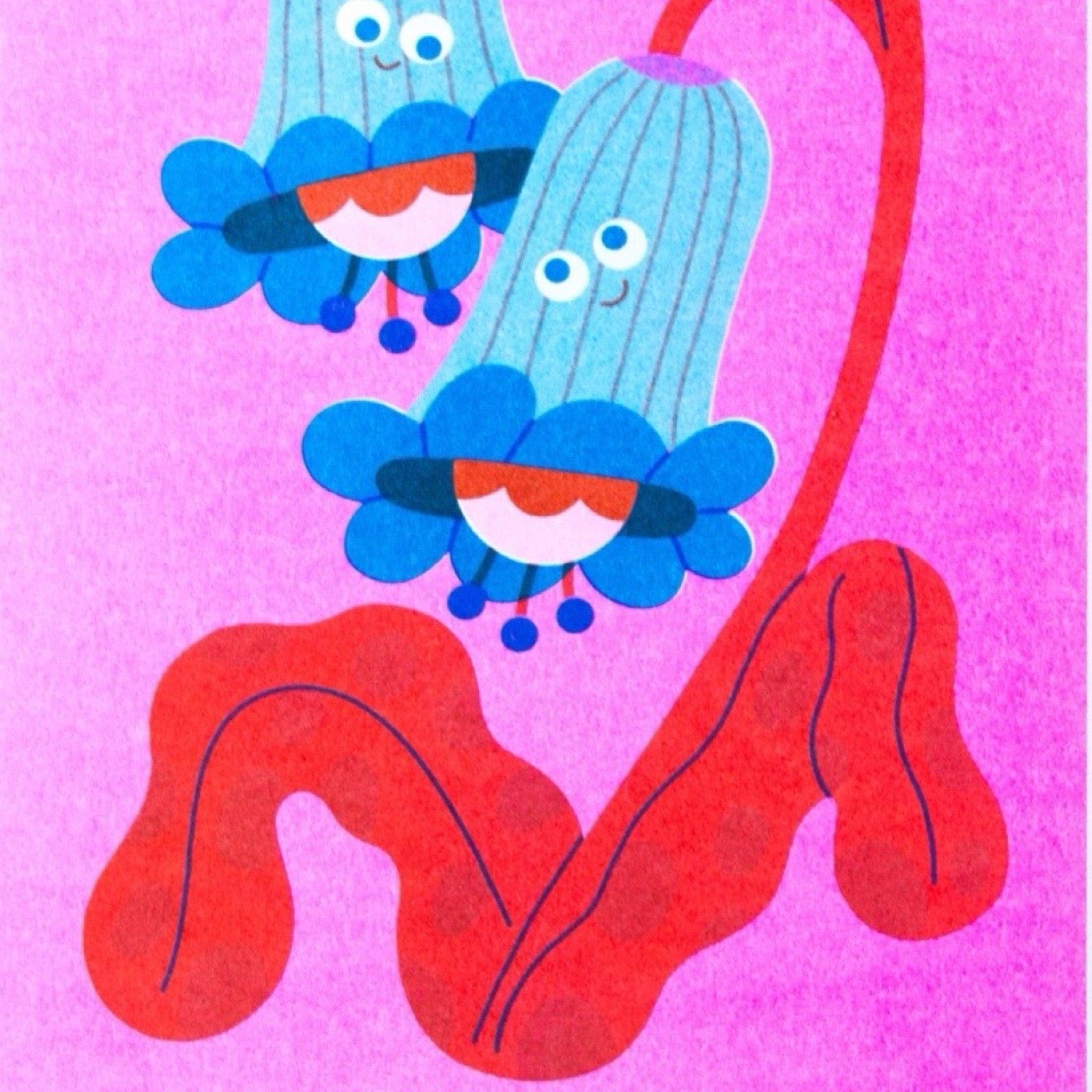 Cartoonish bluebells with red stems on a pink background.