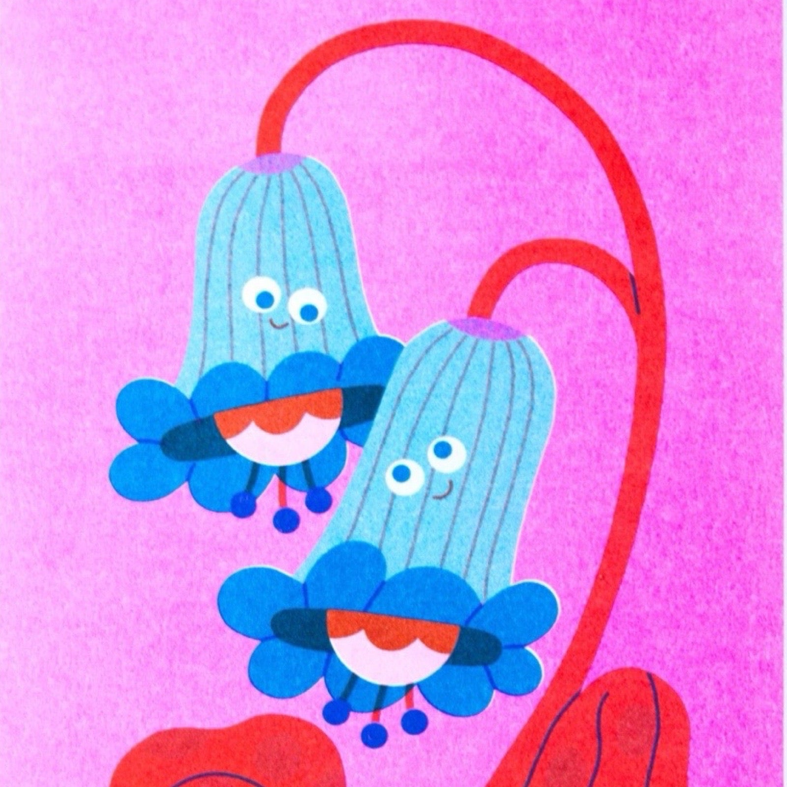 Cartoonish bluebells with red stems on a pink background.