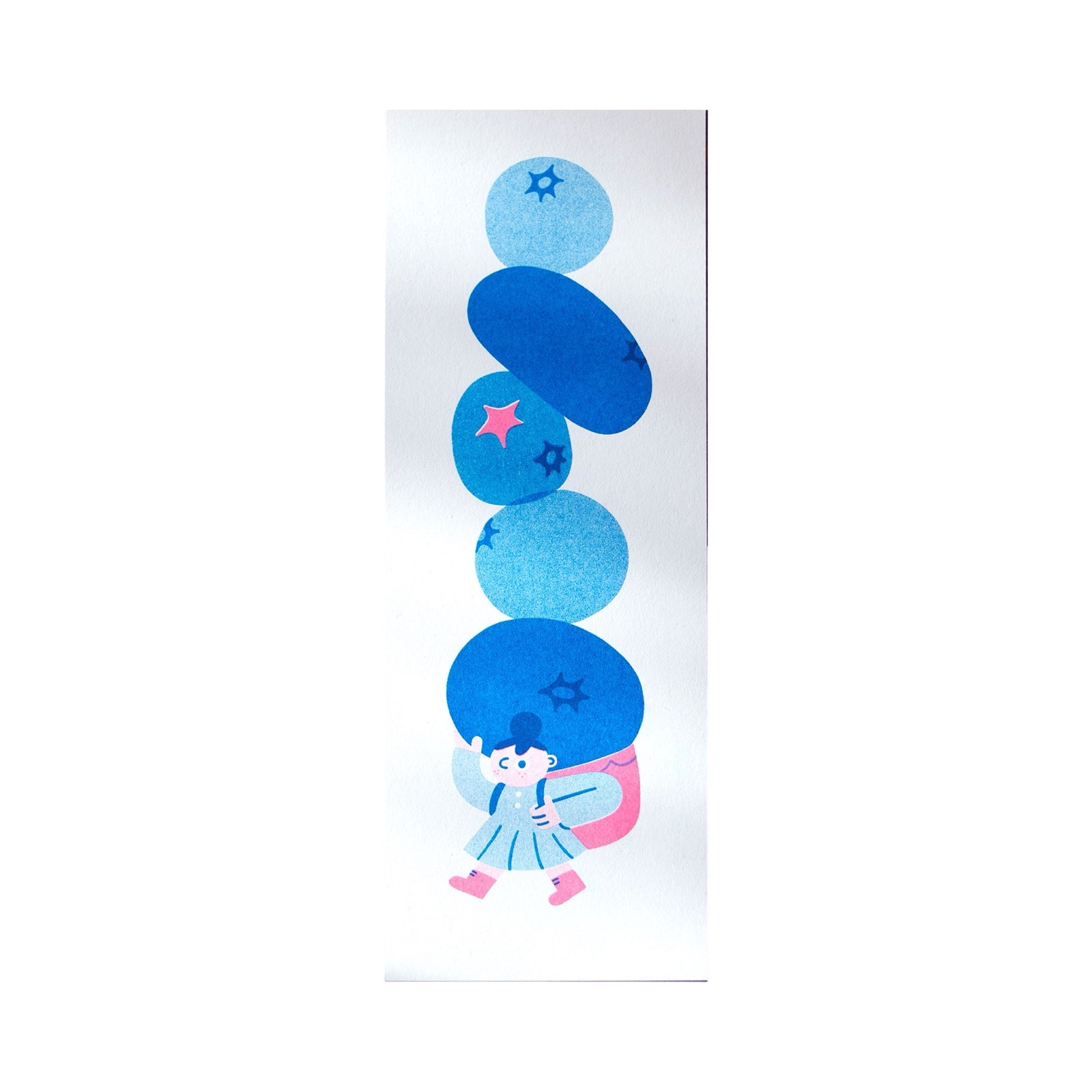 A rectangular risograph mini print of a girl carrying a pink backpack with blueberries piled high.