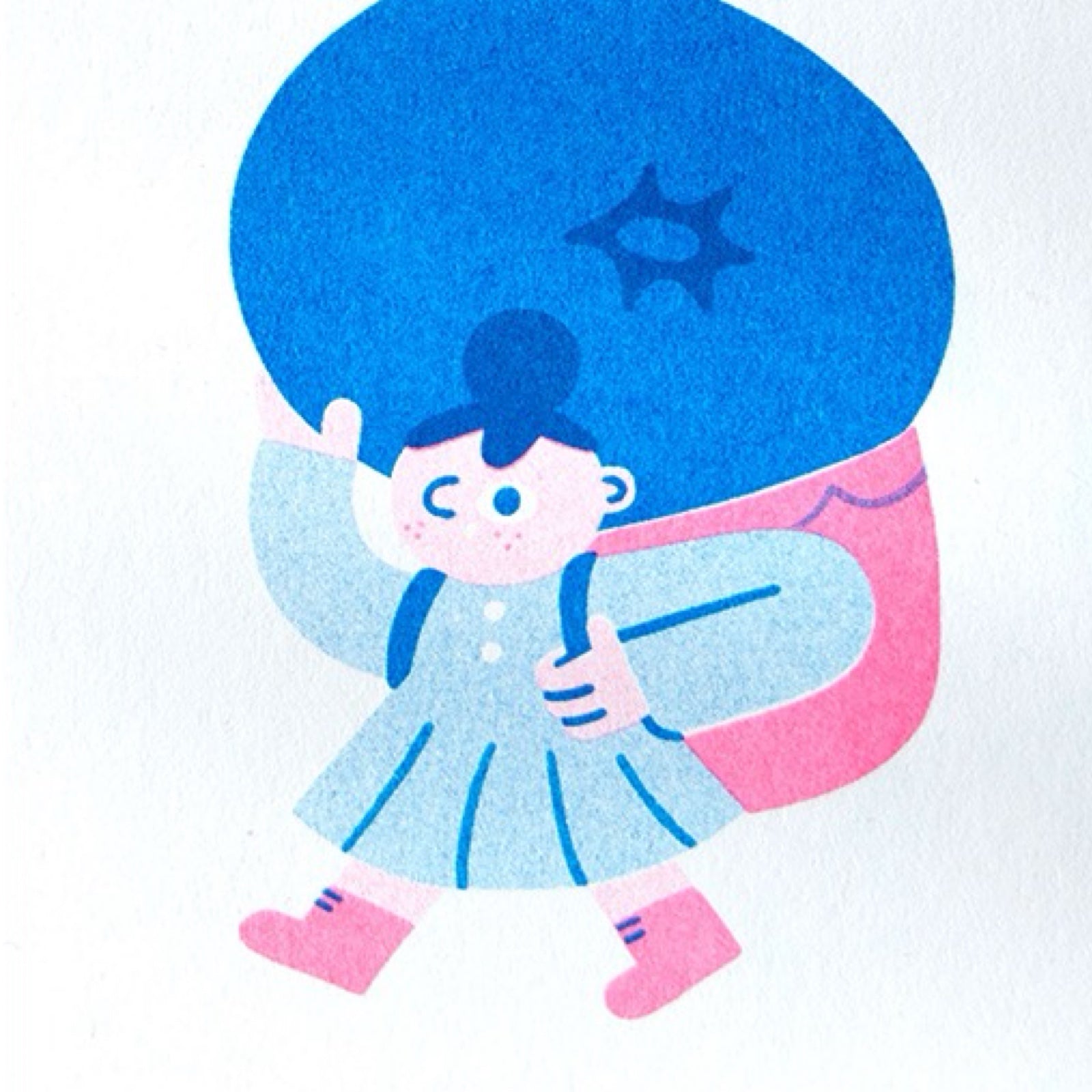 A girl carrying a pink backpack with blueberries piled high.