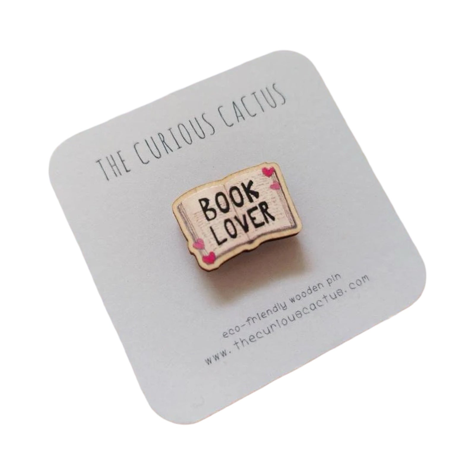 Book lover wooden pin badge shaped as the open pages of a book with the text 'Book Lover' in the centre