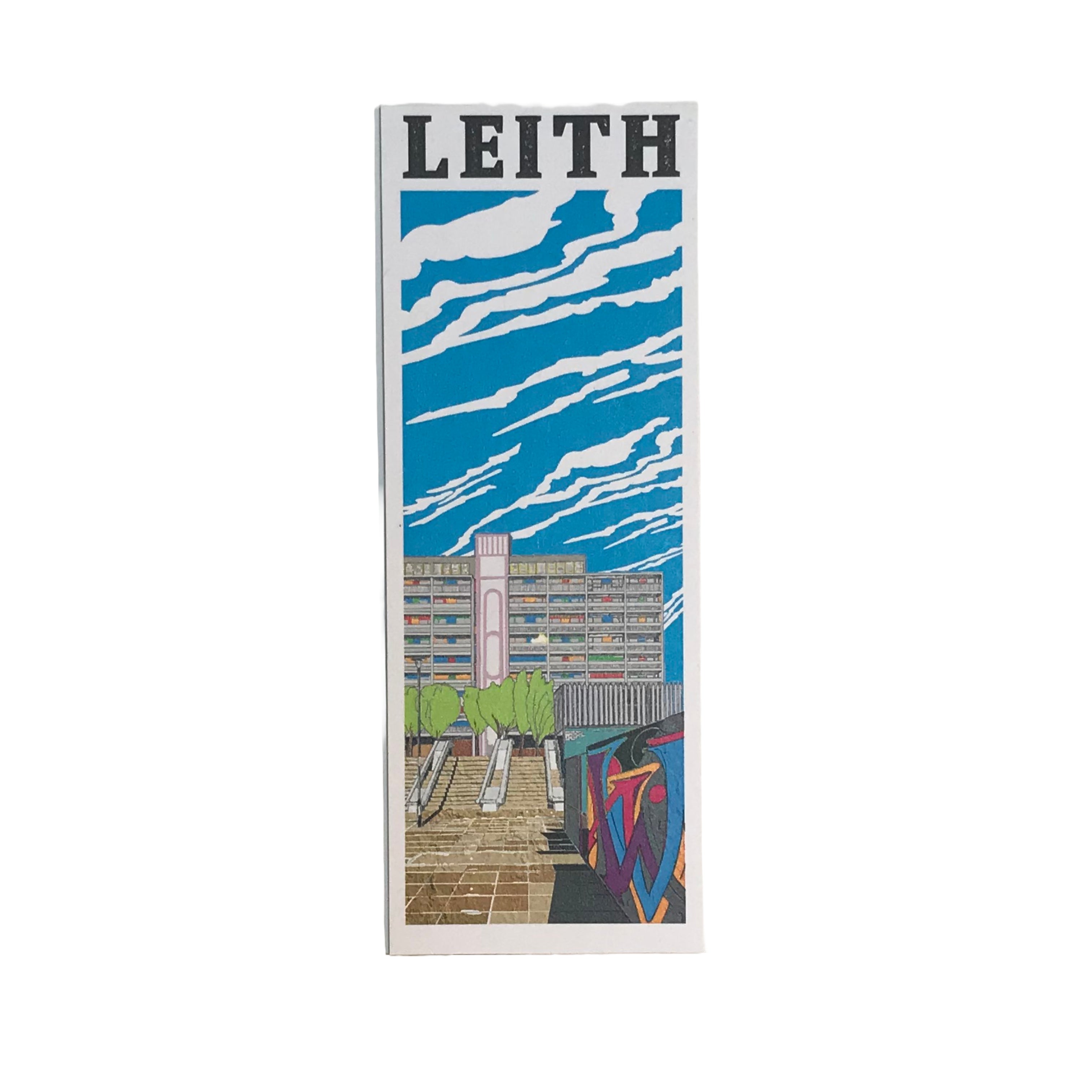 Bookmark featuring a panoramic illustration of the Linksview Tower Block in Leith, Edinburgh.
