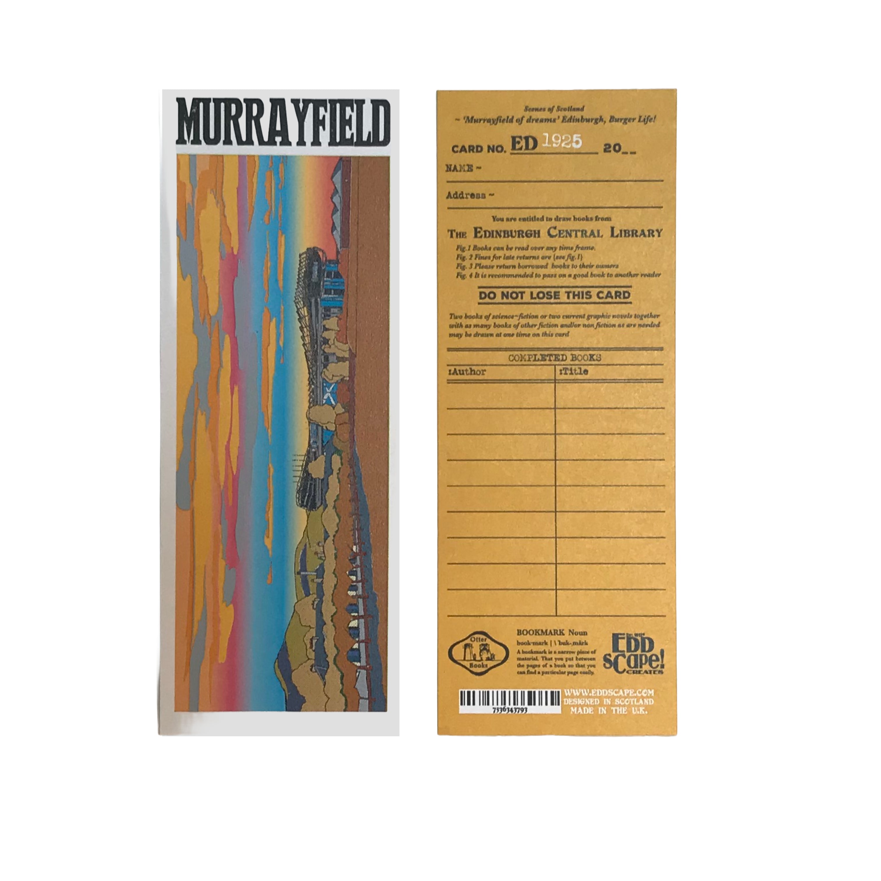 Bookmark featuring a panoramic landscape illustration of Murrayfield Stadium in Edinburgh.