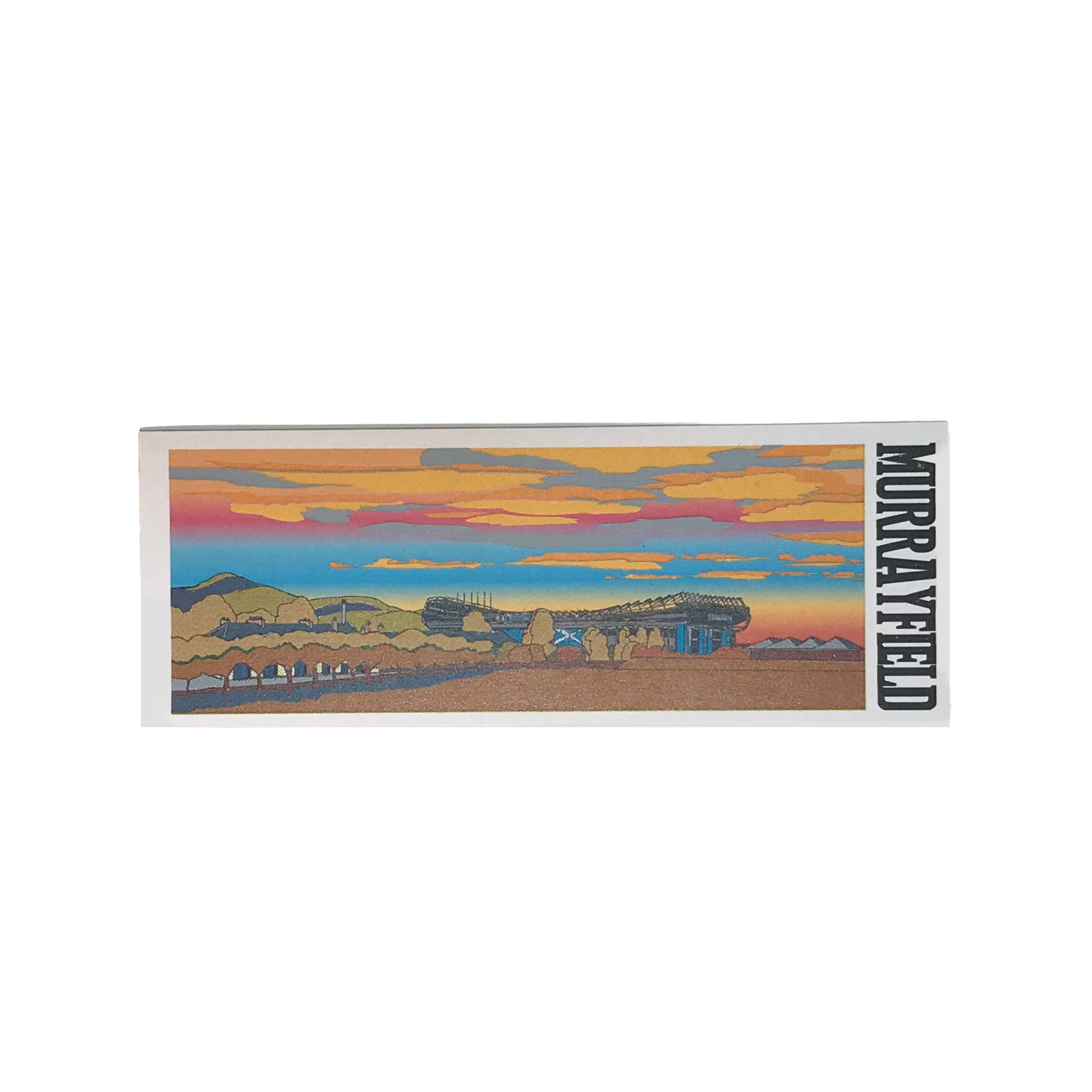 Bookmark featuring a panoramic landscape illustration of Murrayfield Stadium in Edinburgh.