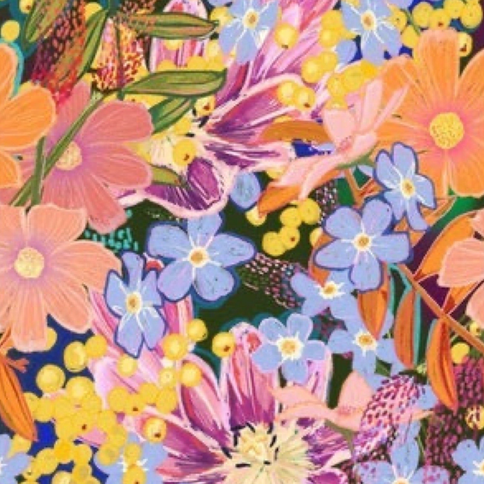 Floral print of large and colourful forget-me-nots, luscious lilies, cosmos and yellow berries will add a splash of colour to any room.