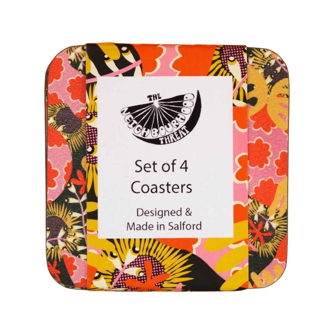 A 4 pack of abstract botanical coasters in a red, pink and yellow design.