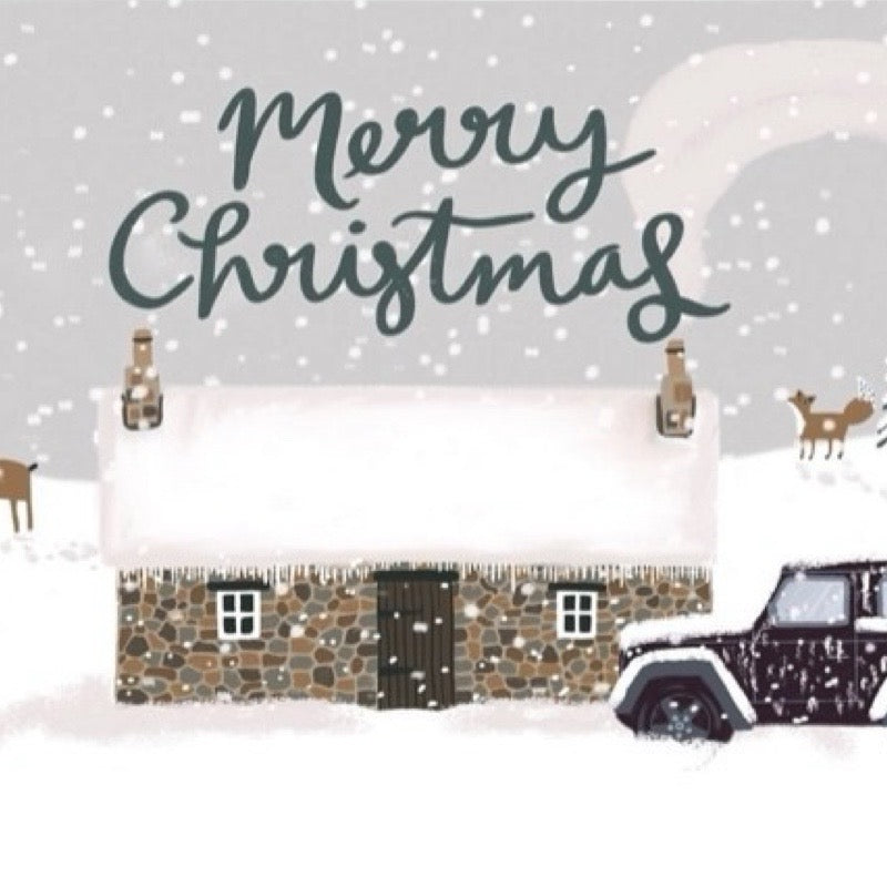 Christmas card featuring an illustration of a snow-covered bothy and landrover with reindeer and trees behind and the text 'Merry Christmas'.