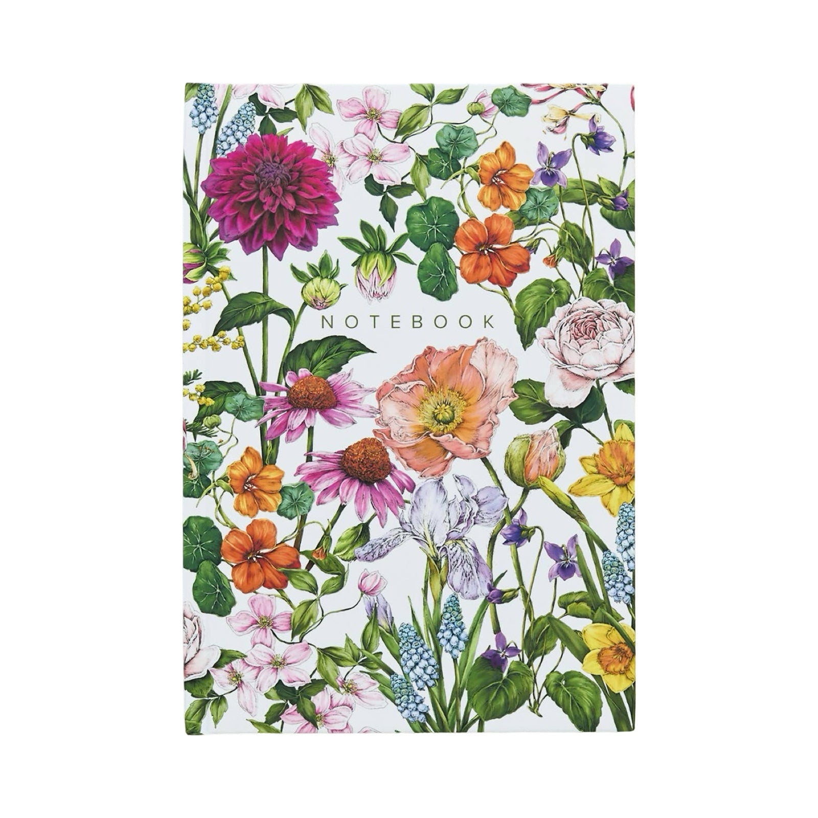 The front cover of a colourful floral notebook with the text NOTEBOOK in green lettering in the centre.