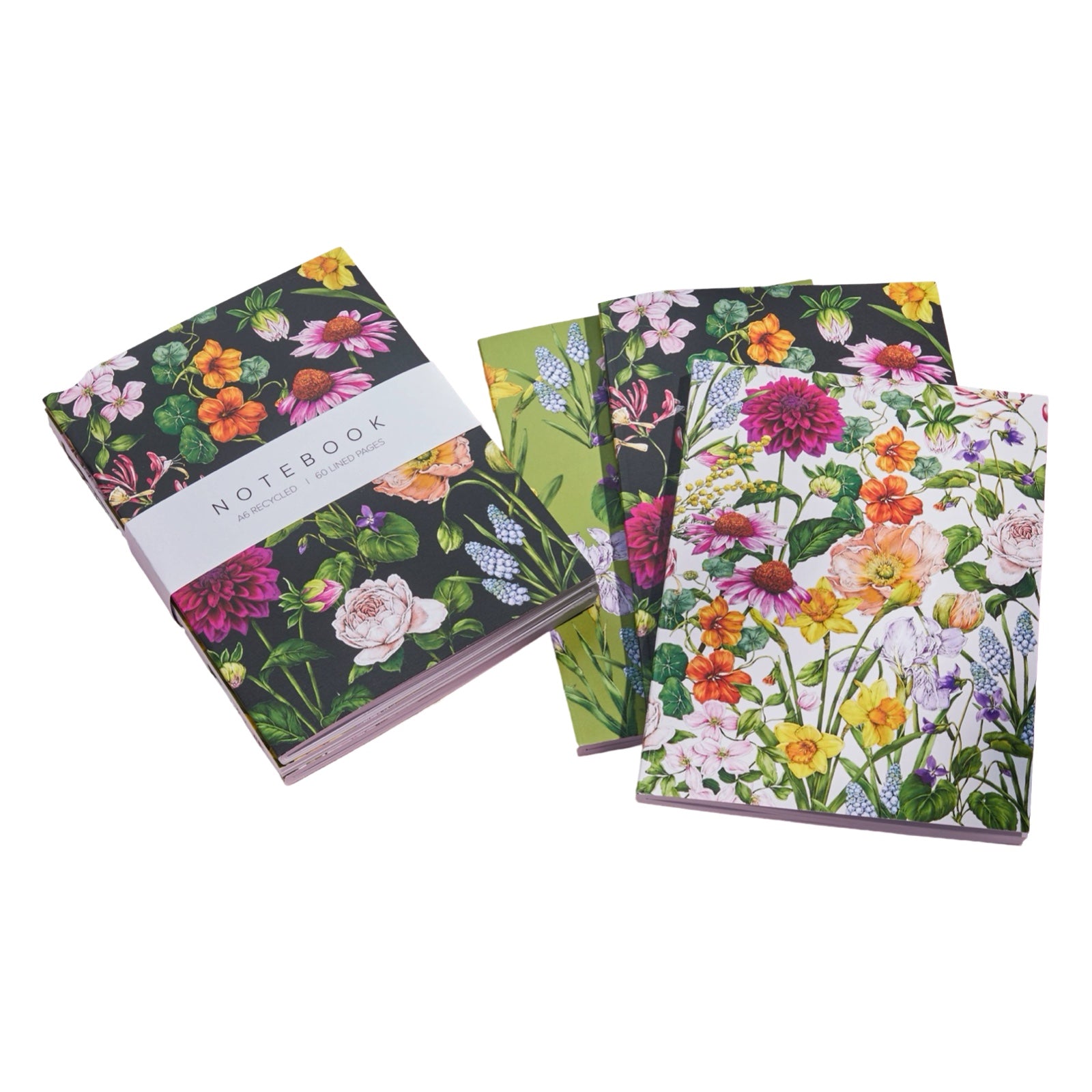 Set of 3 notebooks with colourful floral covers. Each set contains one white, one navy and 1 green notebook.