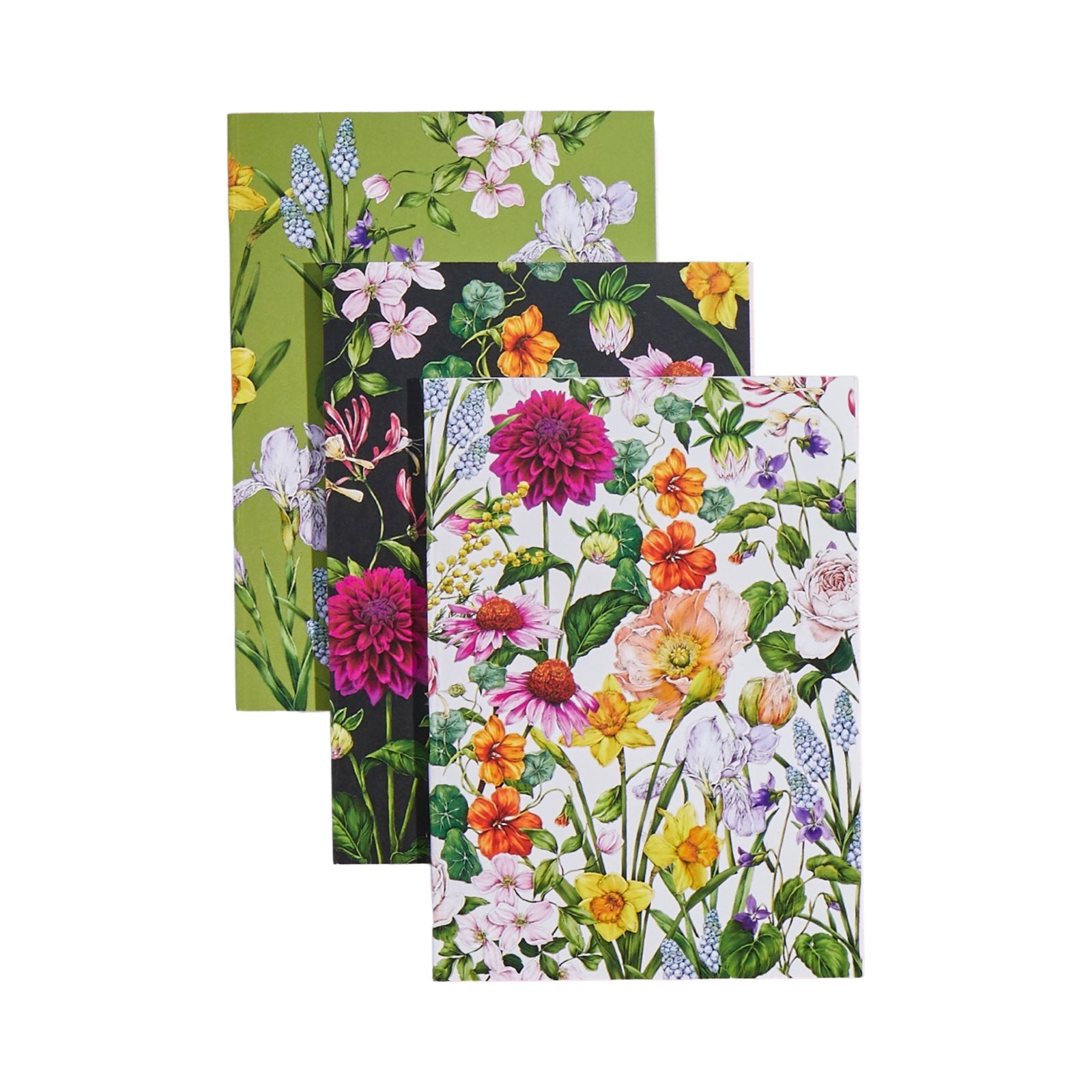Set of 3 notebooks with colourful floral covers. Each set contains one white, one navy and 1 green notebook.