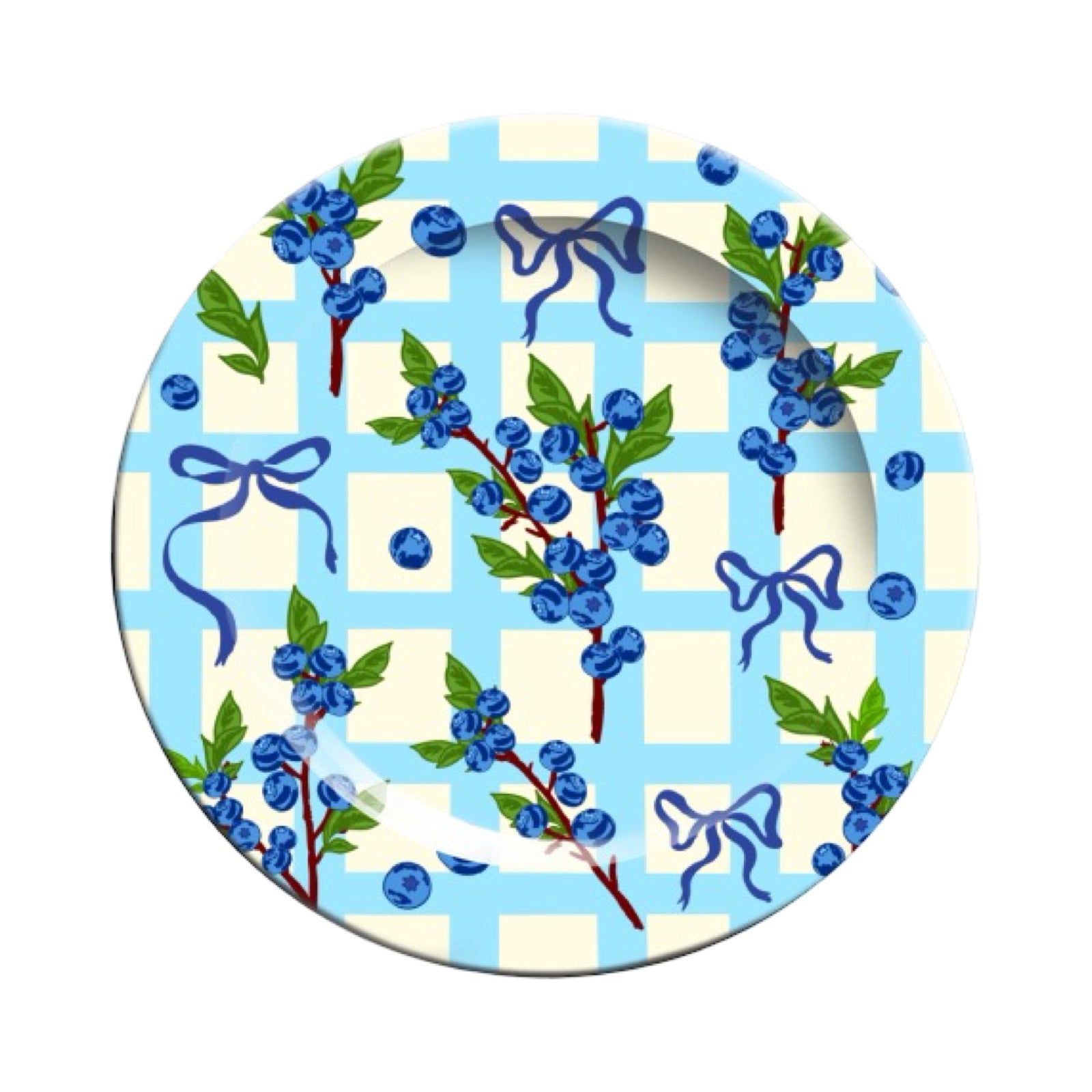 Round ceramic plate with blueberry and bows design on a checkered background.