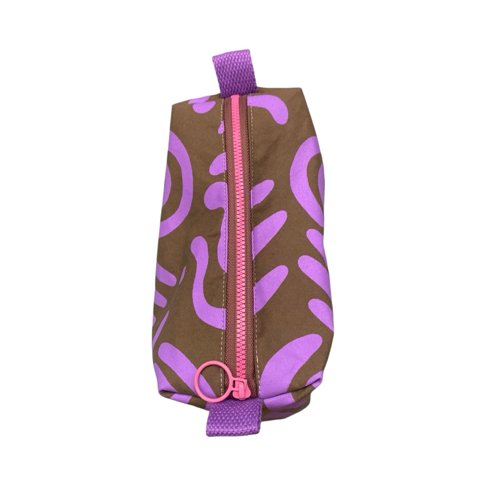 purple and grey abstract boxy cosmetic bag with a pink zip