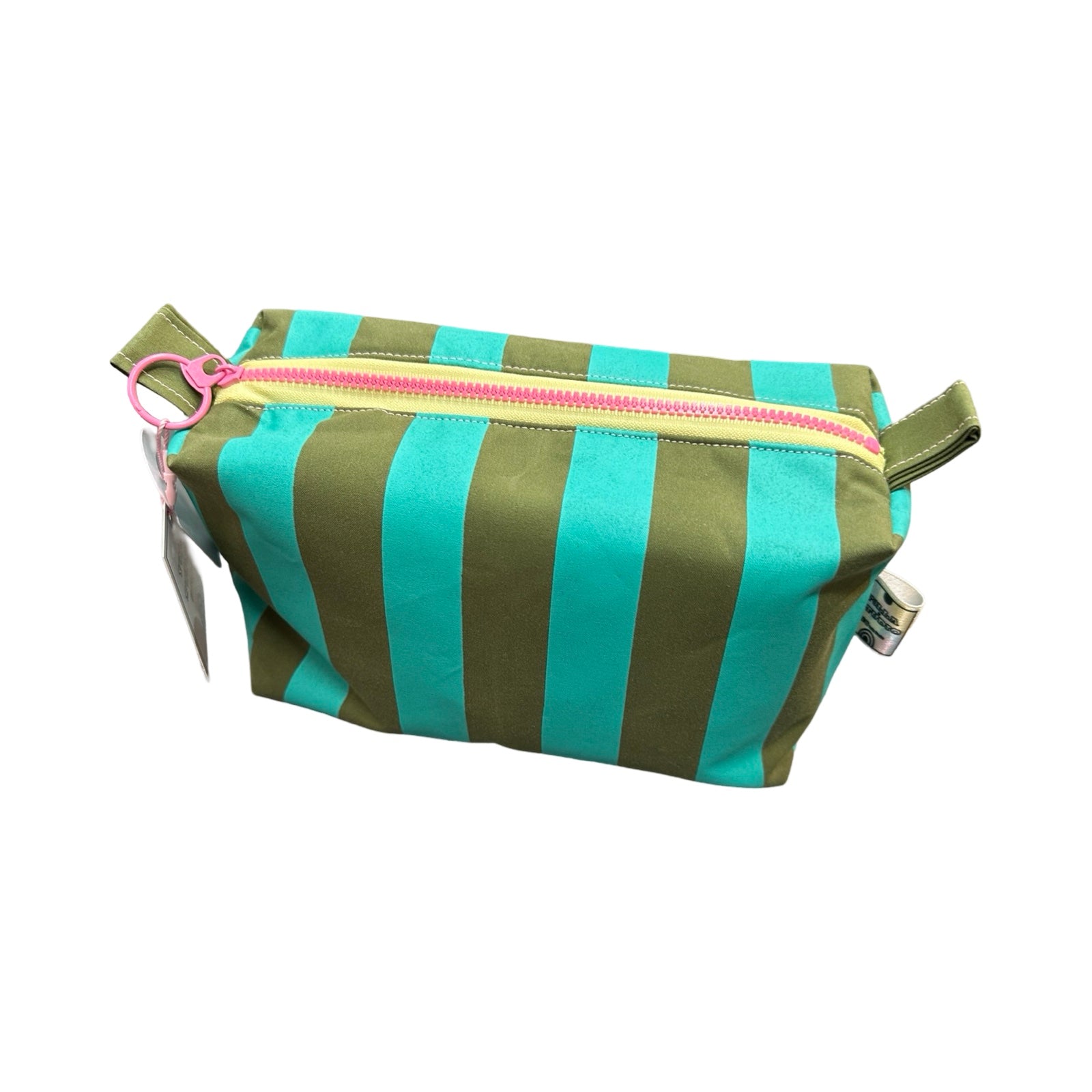 A boxy cosmetic bag in turquoise and grey stripes.