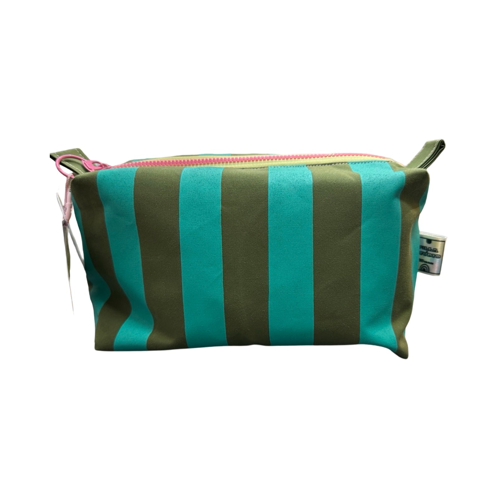A boxy cosmetic bag in turquoise and grey stripes.