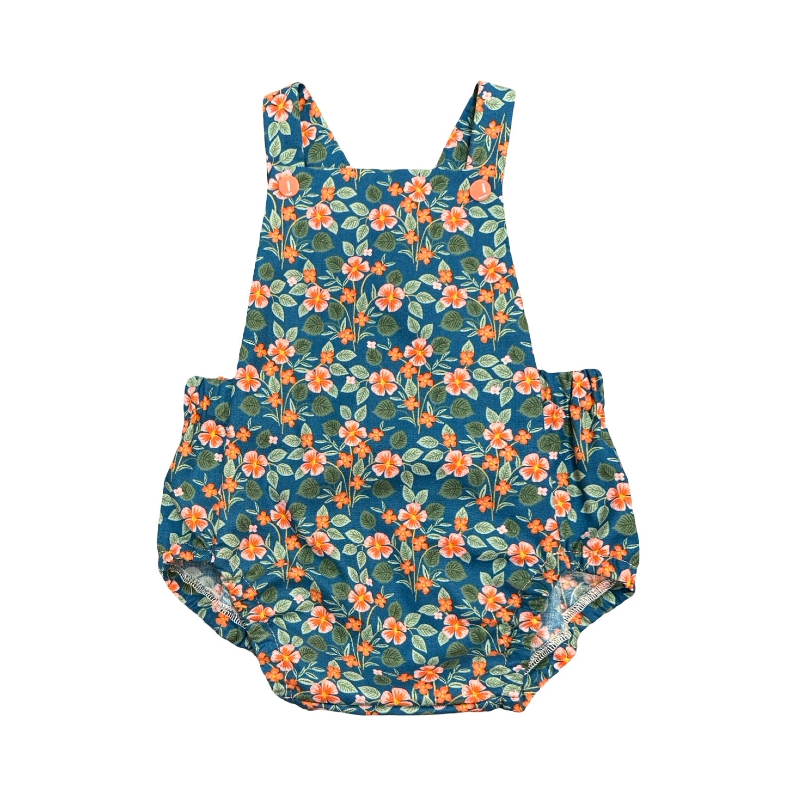 Floral-patterned romper on a white background.