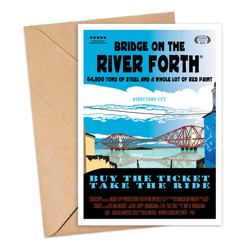 Card featuring a movie poster design with an illustration of the famous Forth Rail Bridge at South Queensferry near Edinburgh