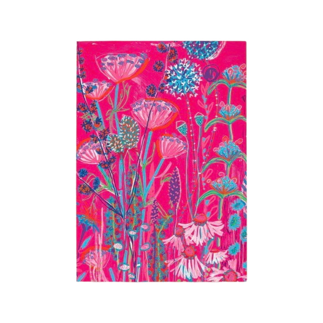 A beautiful print from an original painting featuring pink, green and white flowers and foliage on a bright pink background