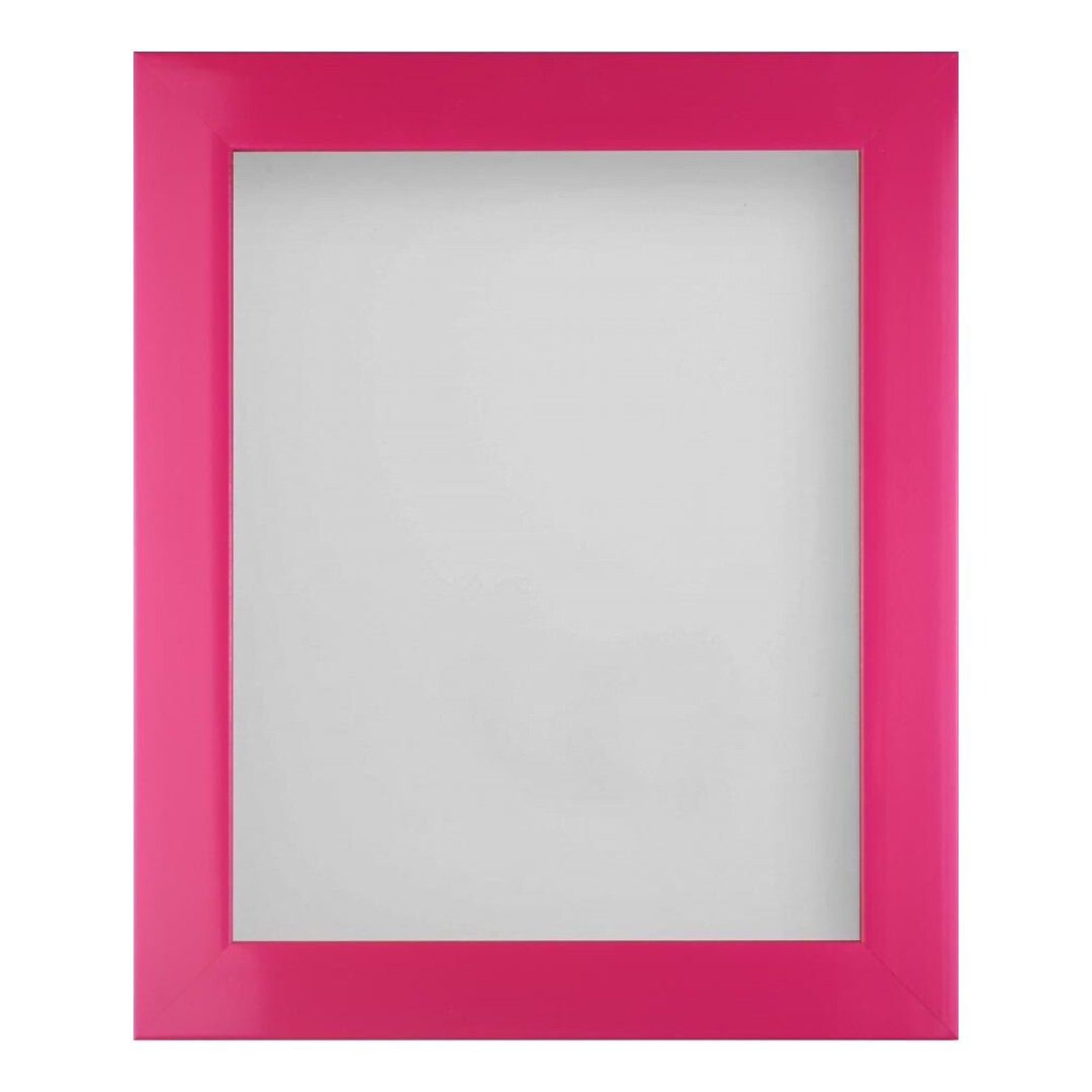 Bright pink, high gloss finished picture frame, with a glass front and backing made of MDF.