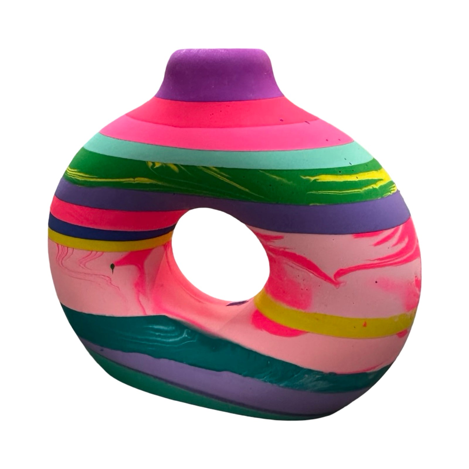 Colorful vase with a circular hole on a white background.