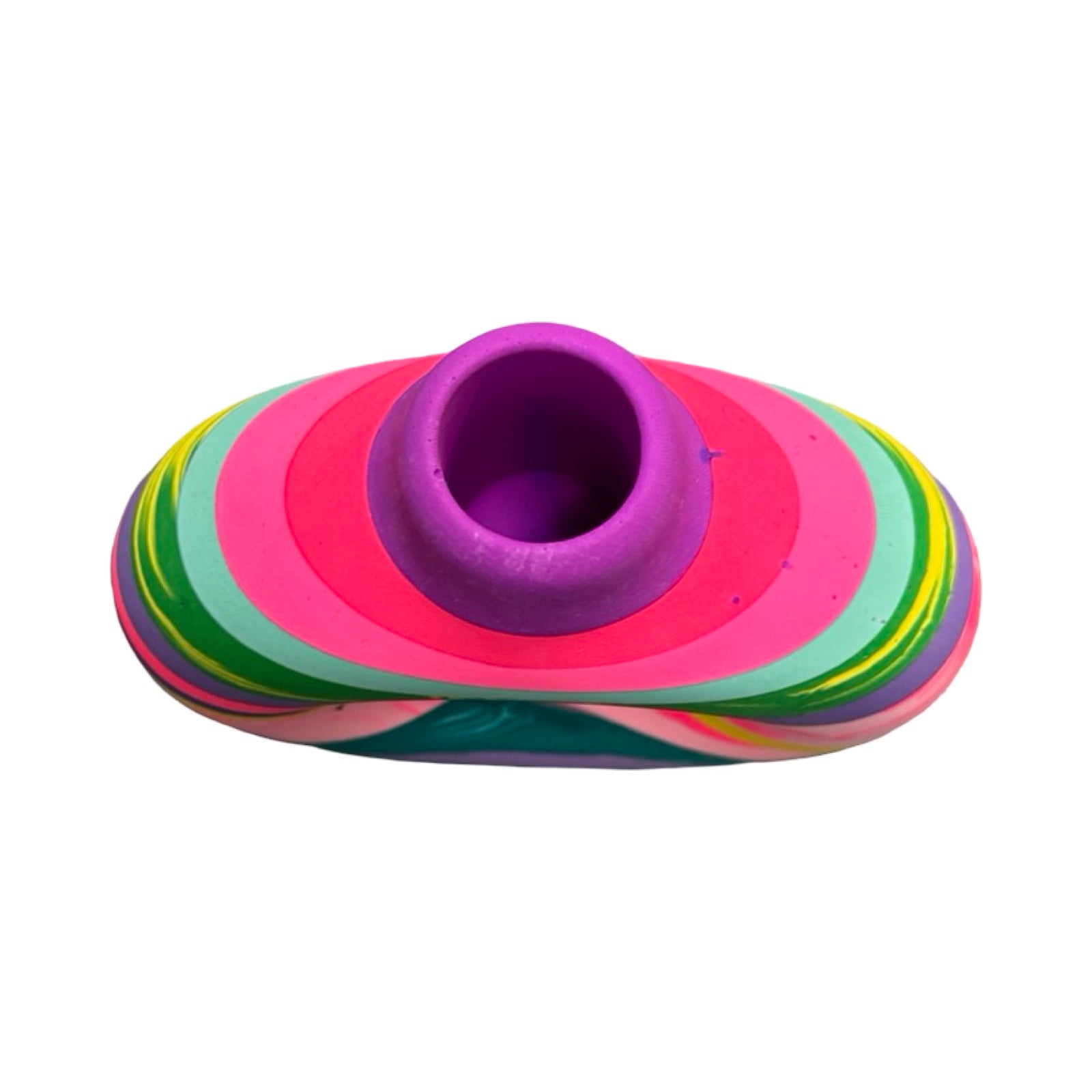 Colorful vase with a purple centre on a white background.