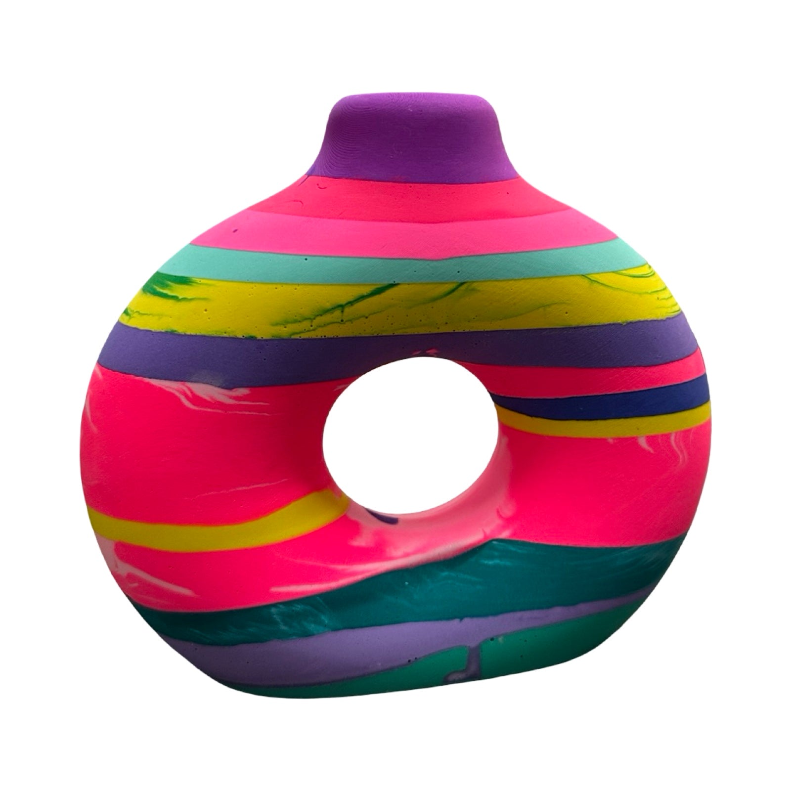 Colorful striped donut-shaped vase on a white background.