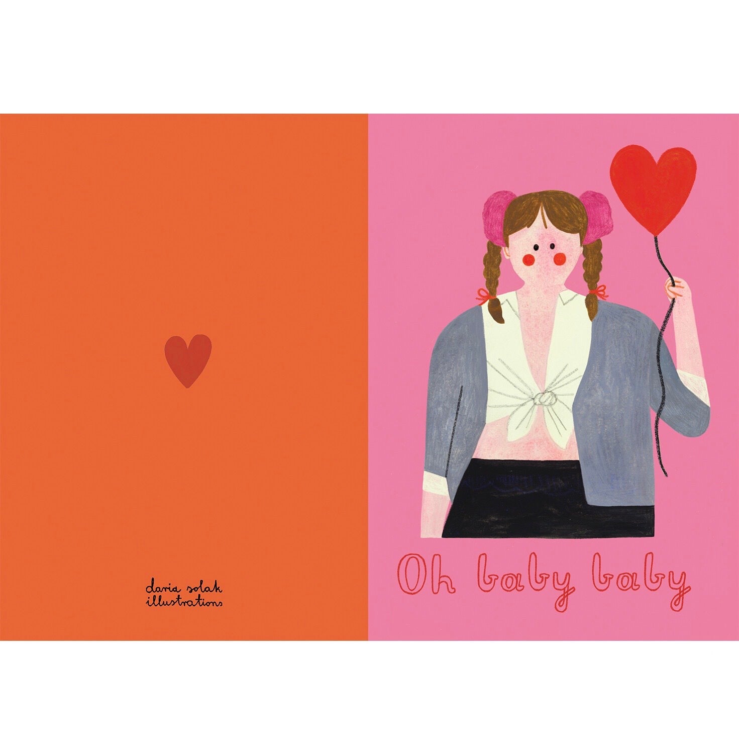 Illustration of a girl holding a heart-shaped balloon on a pink background with 'Oh baby baby' text.