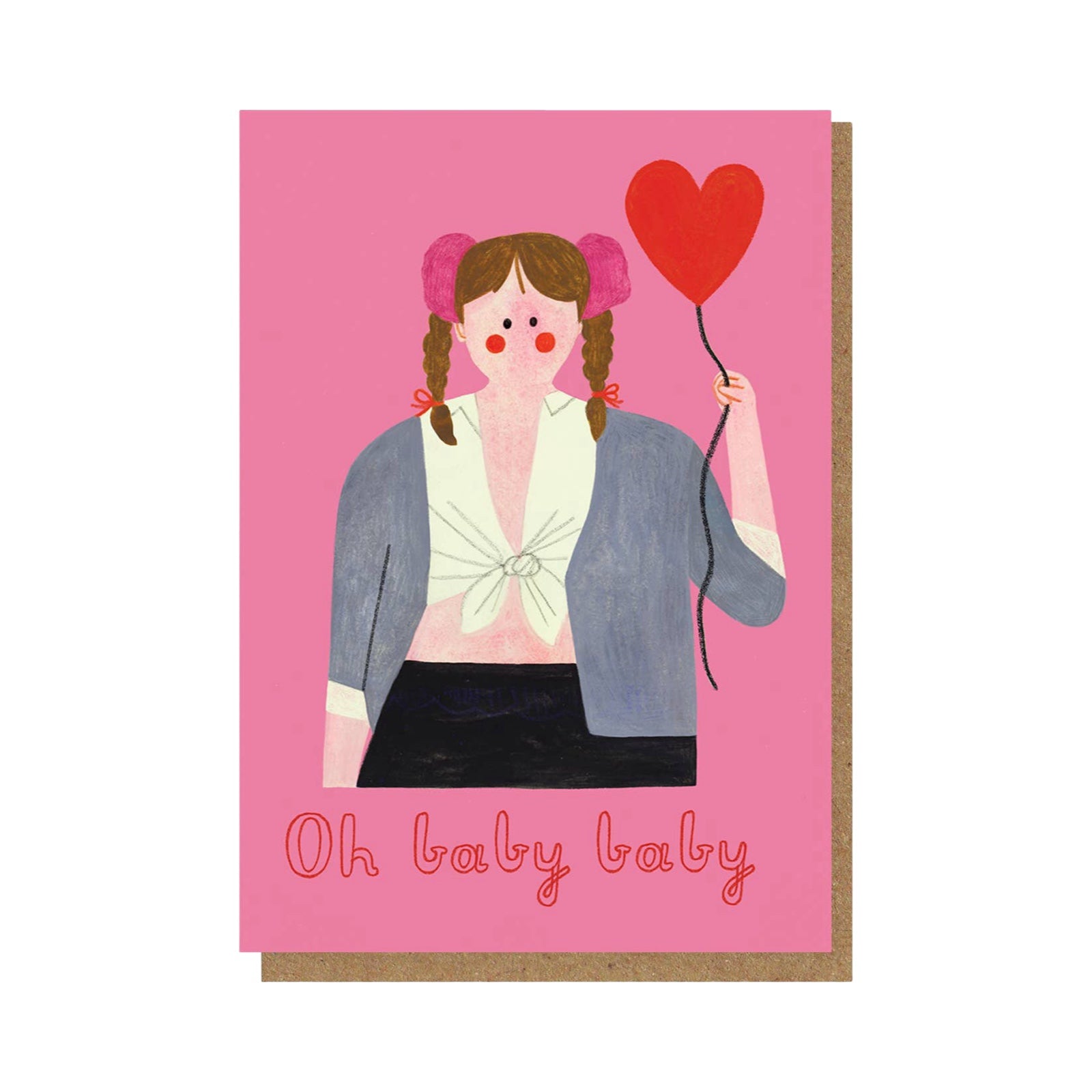 Card with illustration of a girl holding a heart balloon and text 'Oh baby baby' on a pink background.