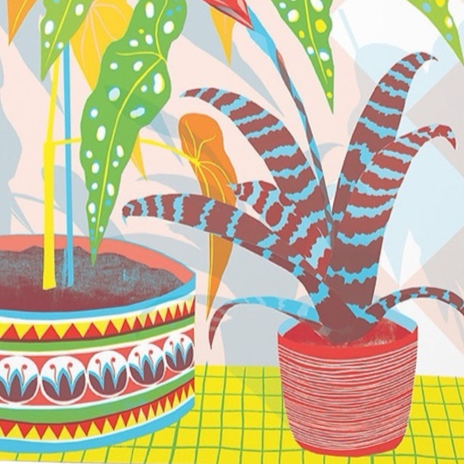 Art card featuring two potted house plants.