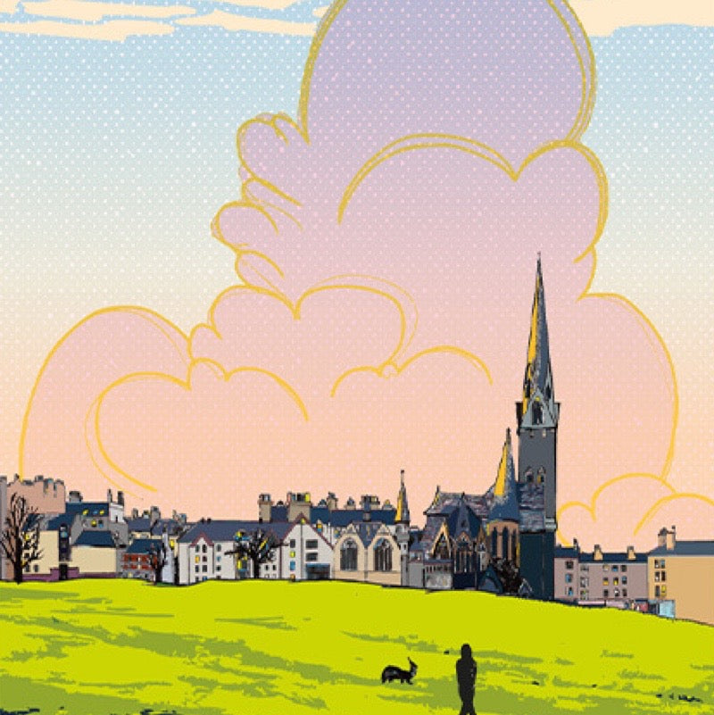 Greeting card with a scenic illustration of a town and large clouds.