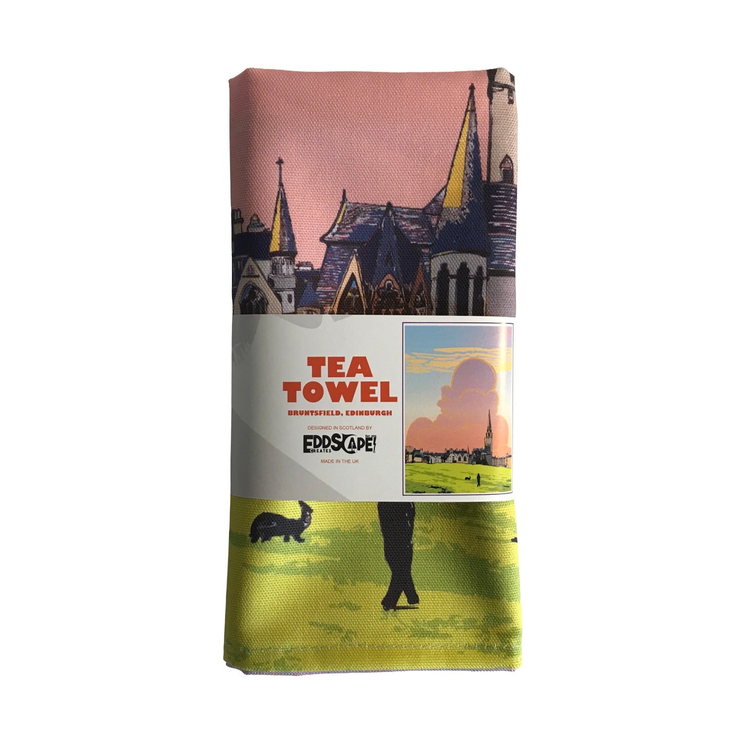 Tea towel featuring an illustration of the Bruntsfield links in Edinburgh. Designed in Edinburgh by Eddscape and printed in the UK.