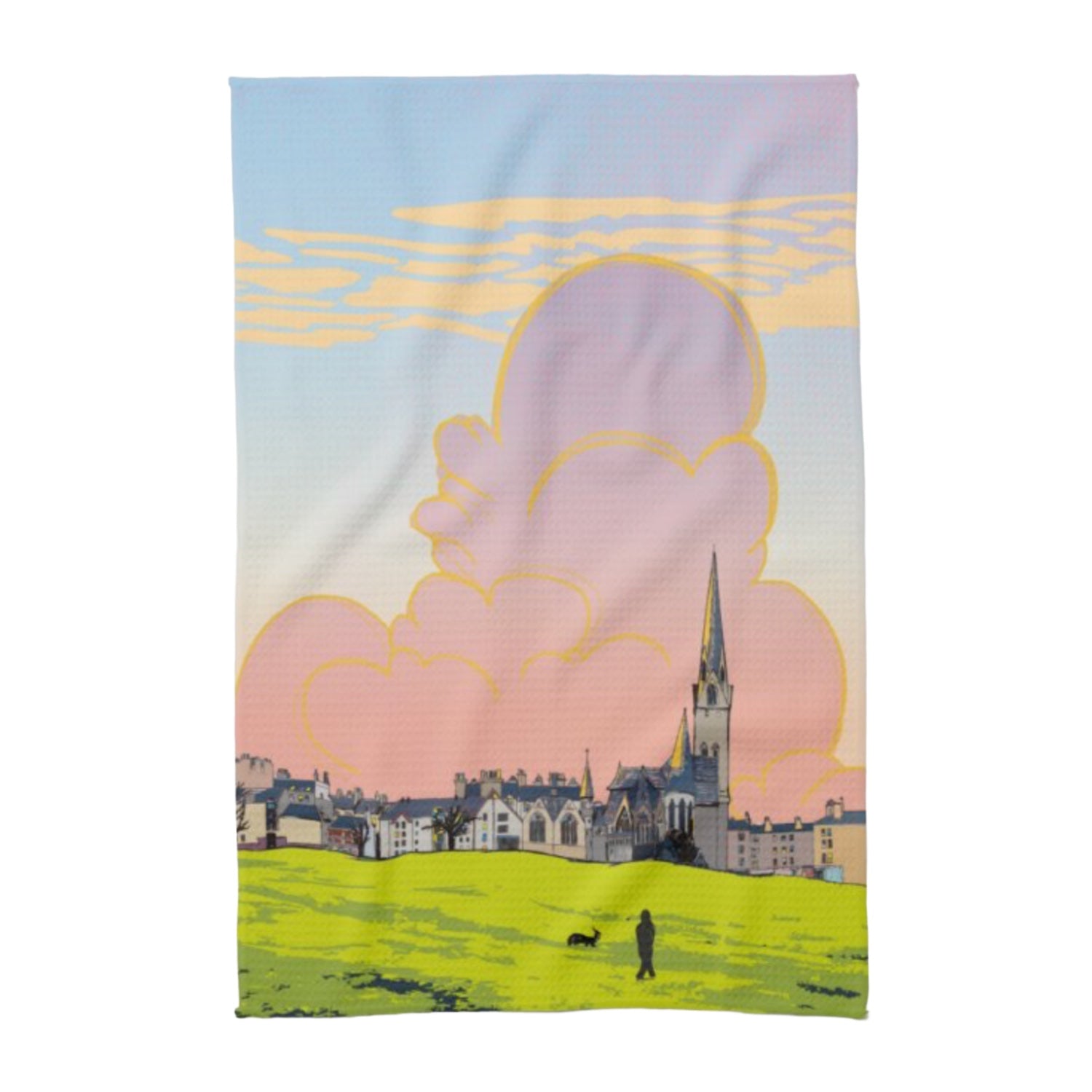 Tea towel featuring an illustration of the Bruntsfield links in Edinburgh. Designed in Edinburgh by Eddscape and printed in the UK.