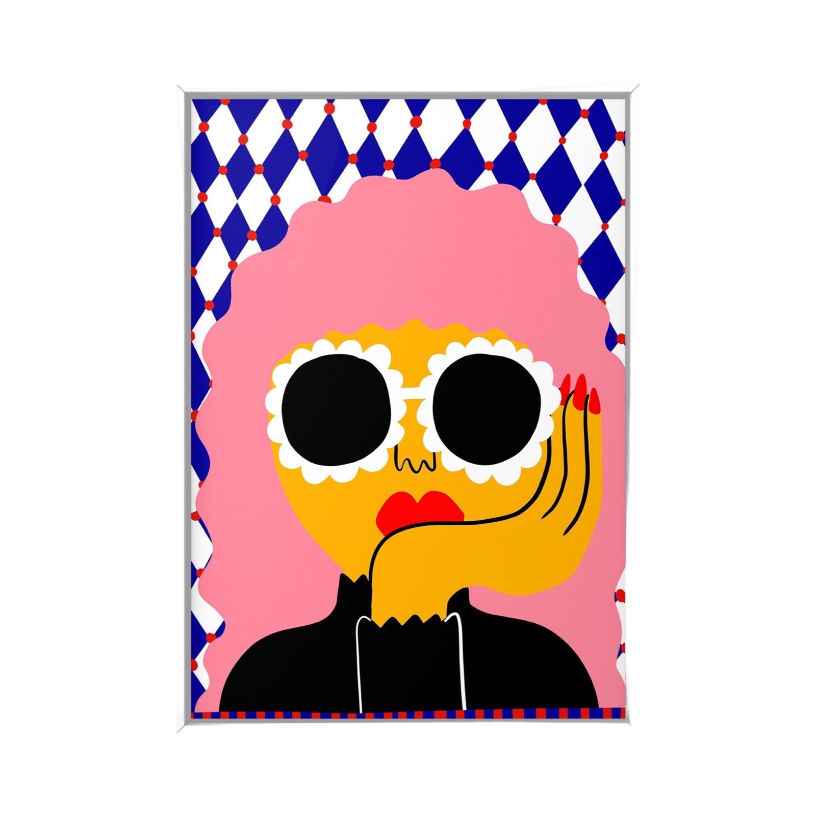 Print featuring a lady with pink hair, holding her head in one hand, wearing huge white floral sunglasses, against a blue and white checked background.
