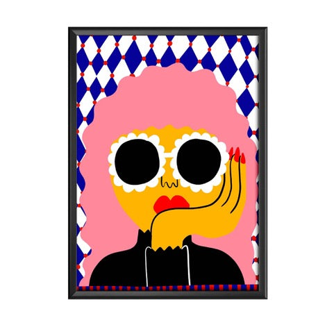 Print featuring a lady with pink hair, holding her head in one hand, wearing huge white floral sunglasses, against a blue and white checked background.