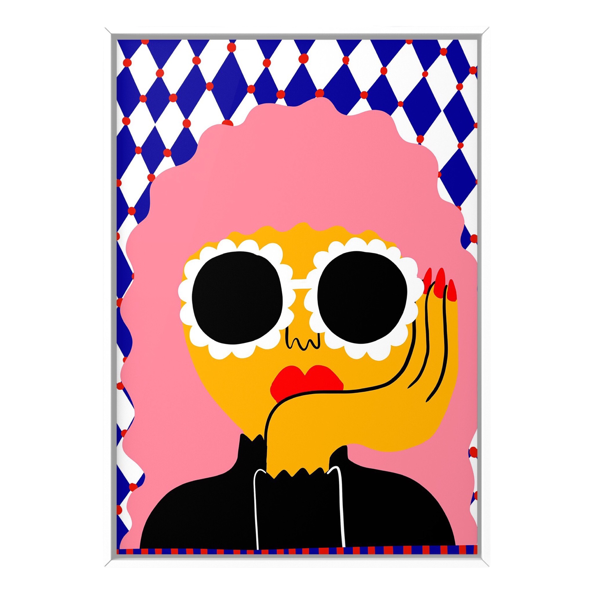 Print featuring a lady with pink hair, holding her head in one hand, wearing huge white floral sunglasses, against a blue and white checked background.