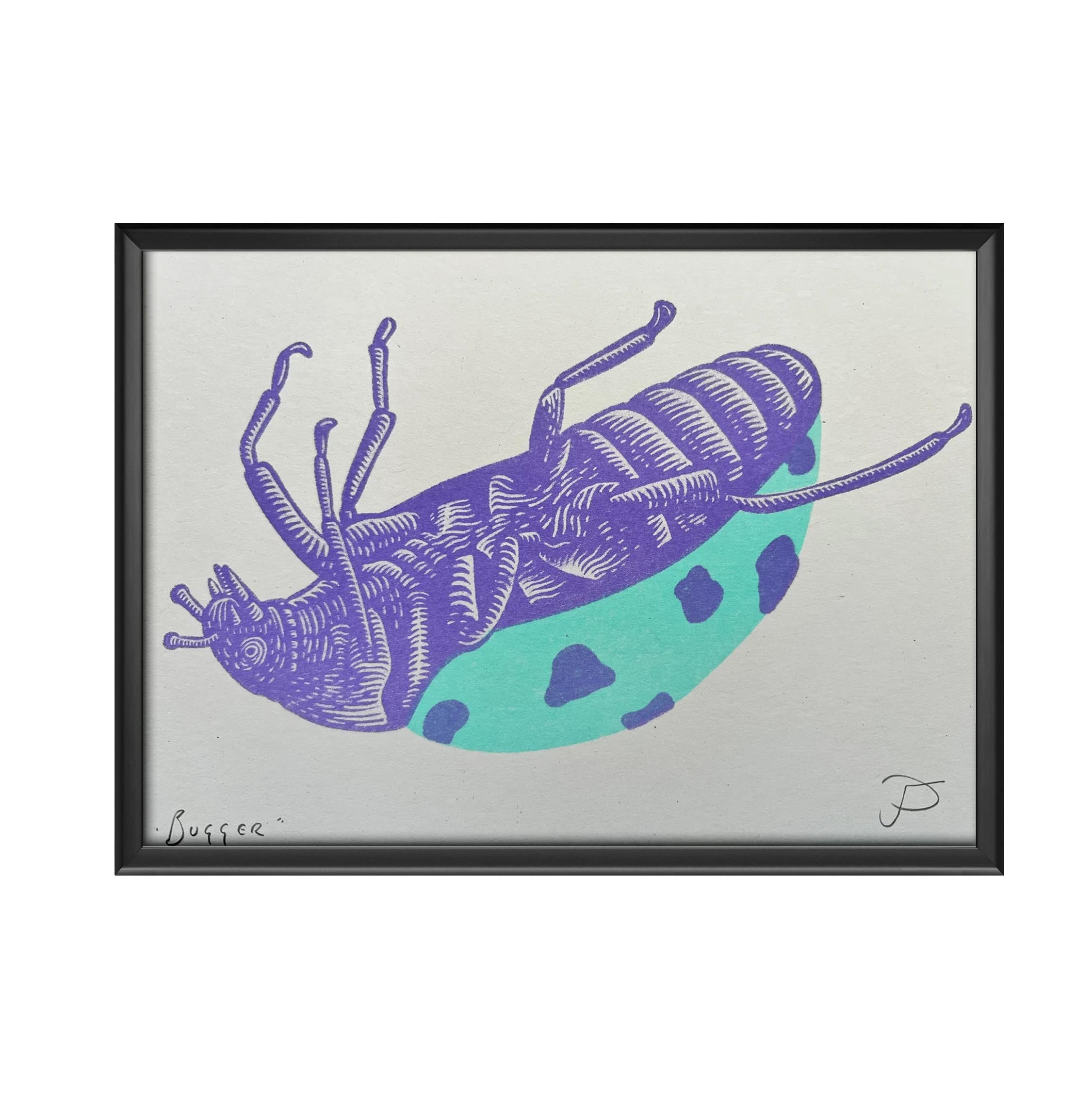 Print of a purple ladybird with a turquoise shell stuck upside down in a black picture frame.