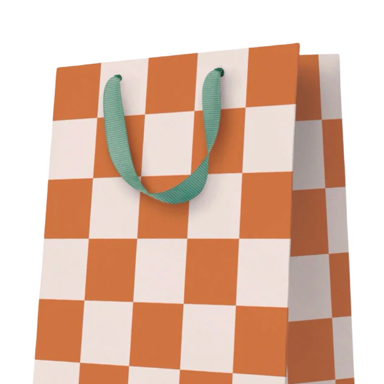 A paper gift bag with a checkered pattern in orange and off-white, featuring a mint green ribbon handle, shown against a plain white background.