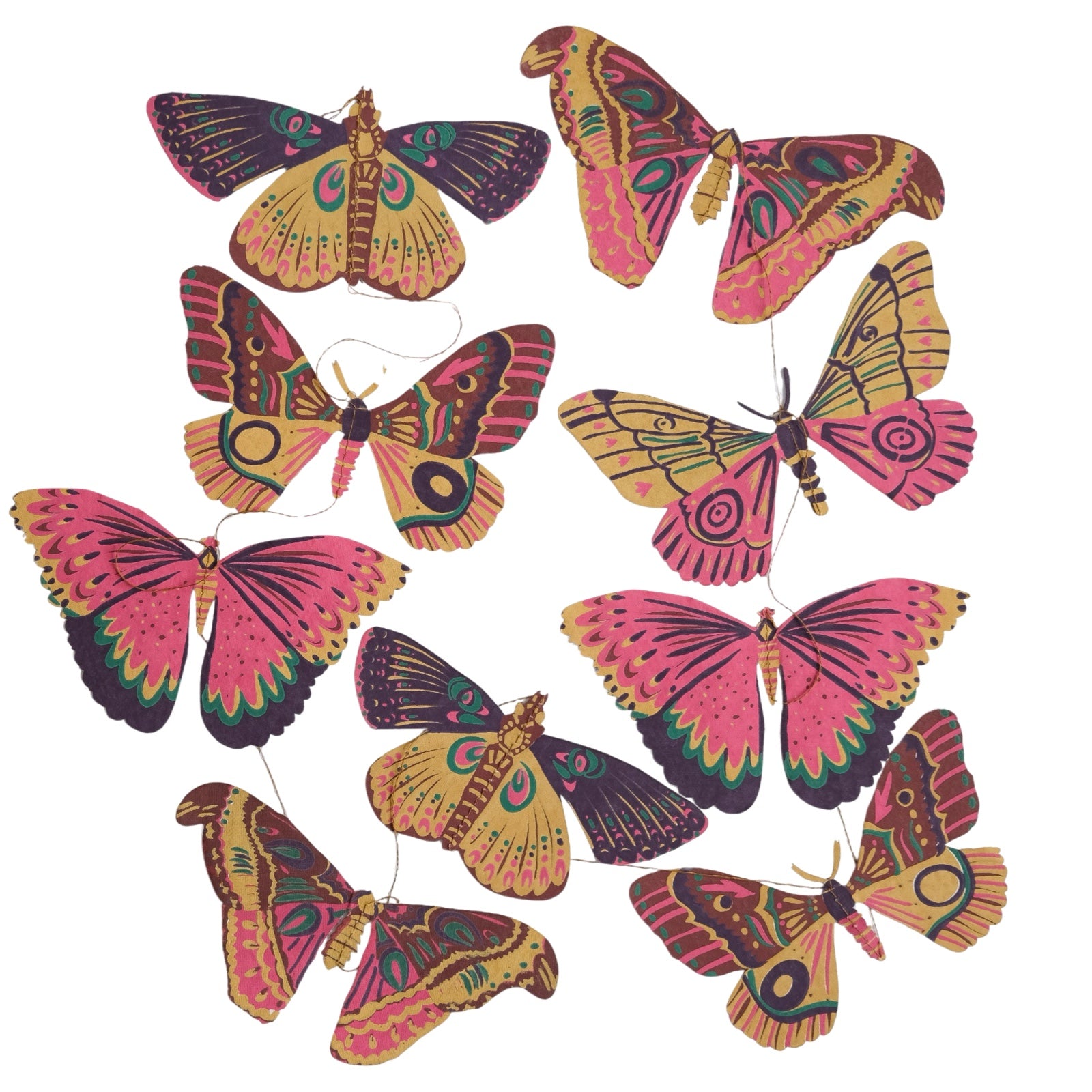 Vertical butterfly garland, featuring ten screen printed paper butterflies in various pink, red, green and yellow designs.