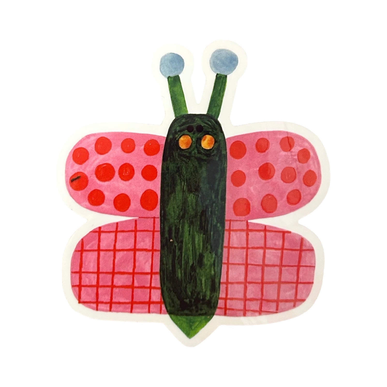 A whimsical butterfly-shaped sticker with a dark green body, pink wings with red polka dots and grid lines, and blue antennae on a white background.