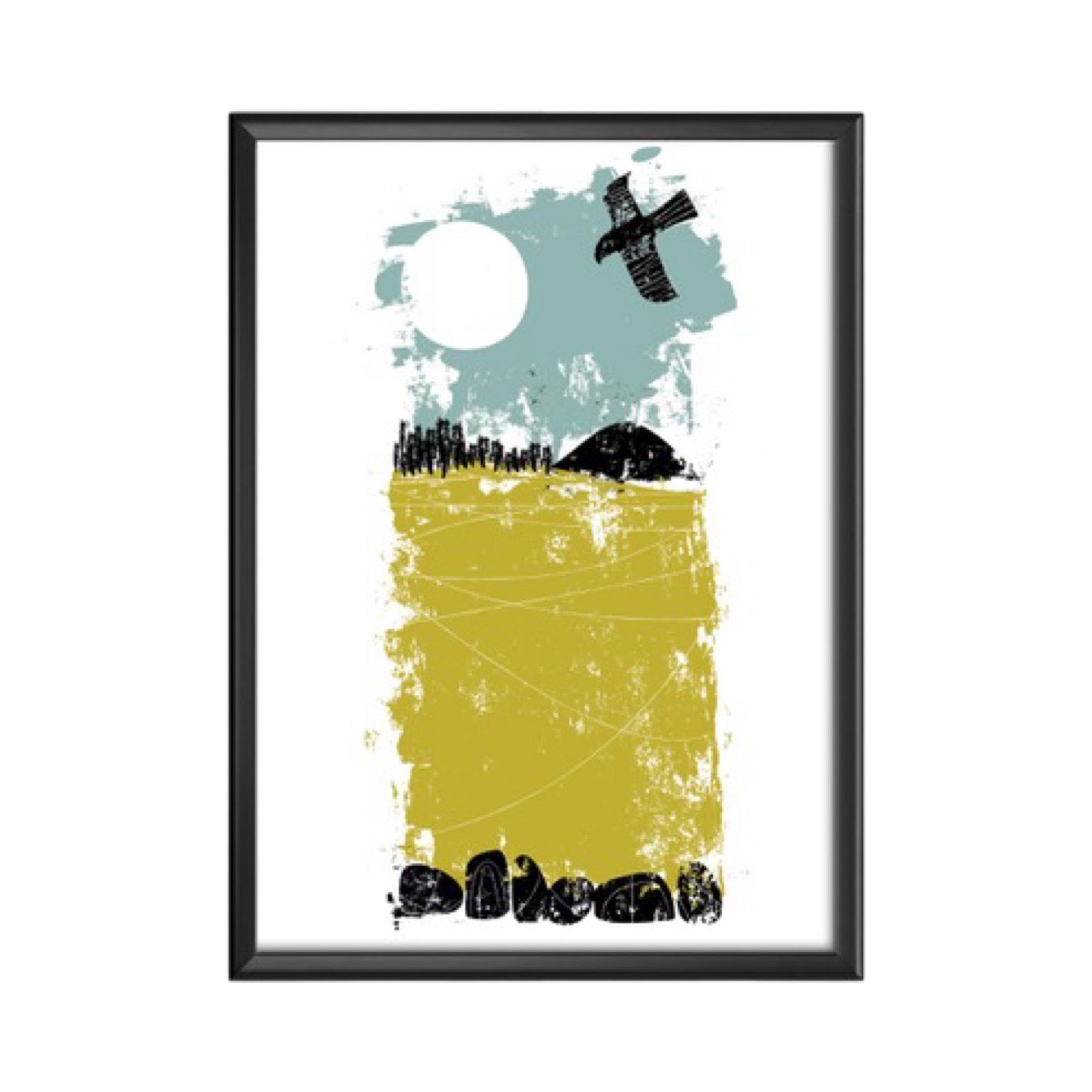 Abstract print featuring a black buzzard flying over a field.