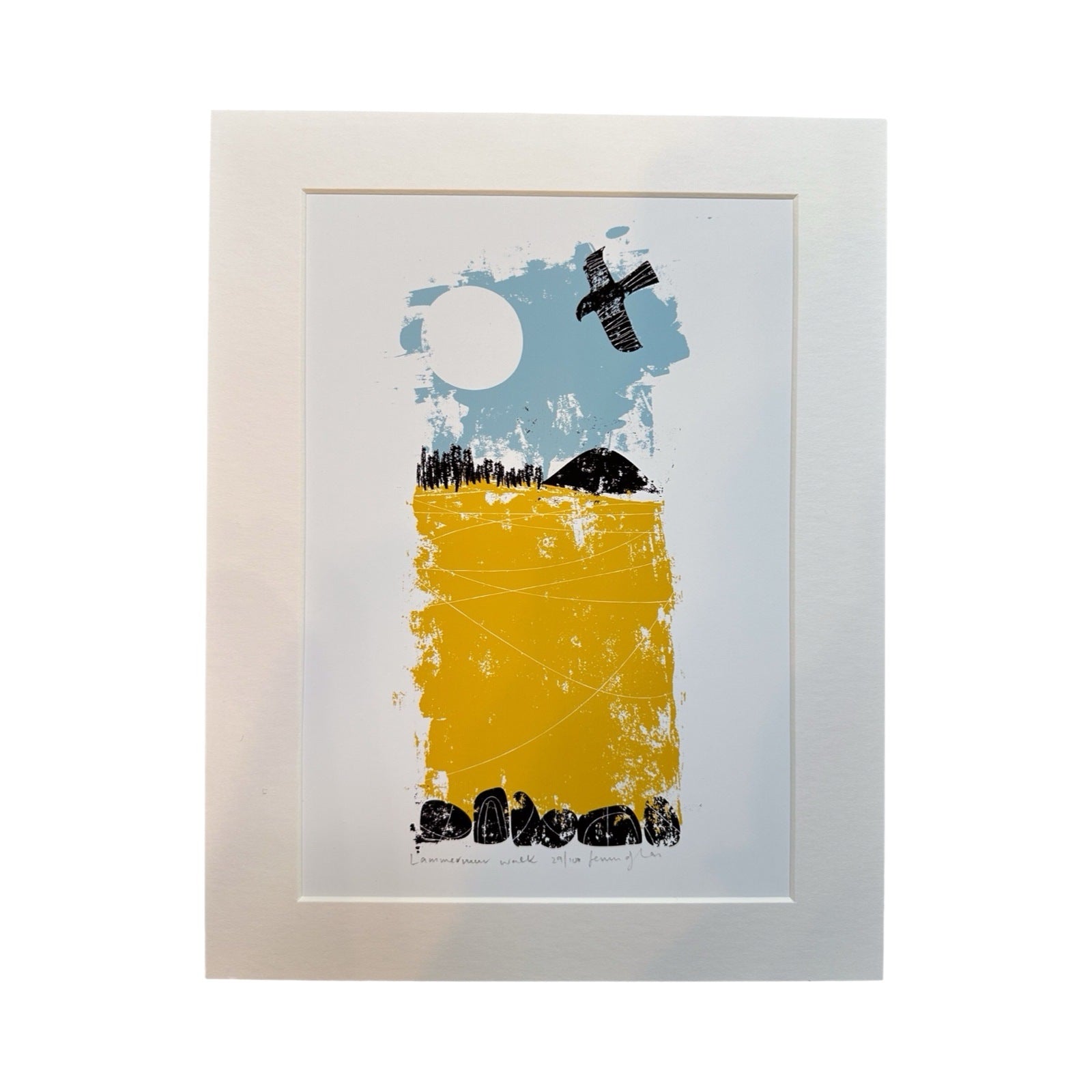 Abstract print featuring a black buzzard flying over a field.