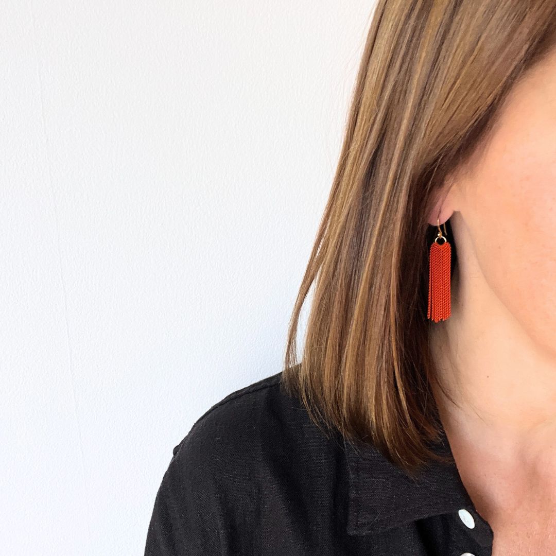 Orange Chain Tassel Earrings