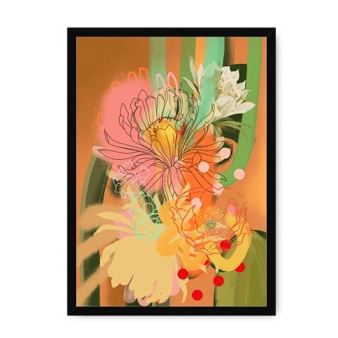 An abstract botanical print featuring blooming cacti in orange, pink and yellows.