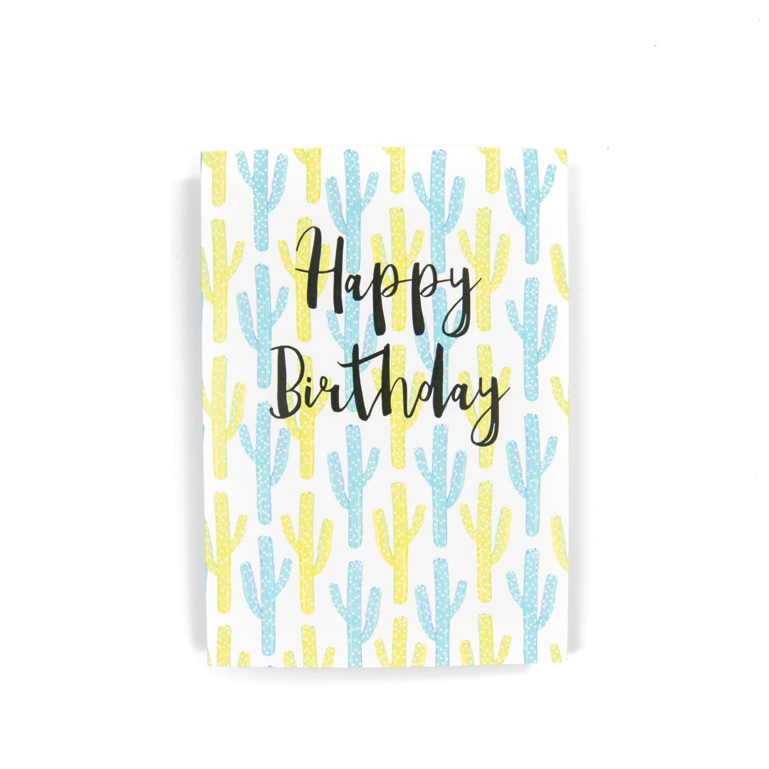 Greeting card with cactus pattern and 'Happy Birthday' text on a white background