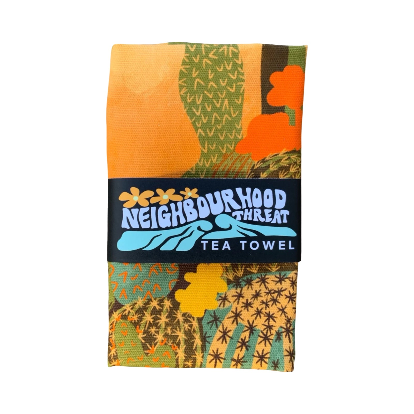 Neighbourhood Threat tea towel with colourful design on a white background.